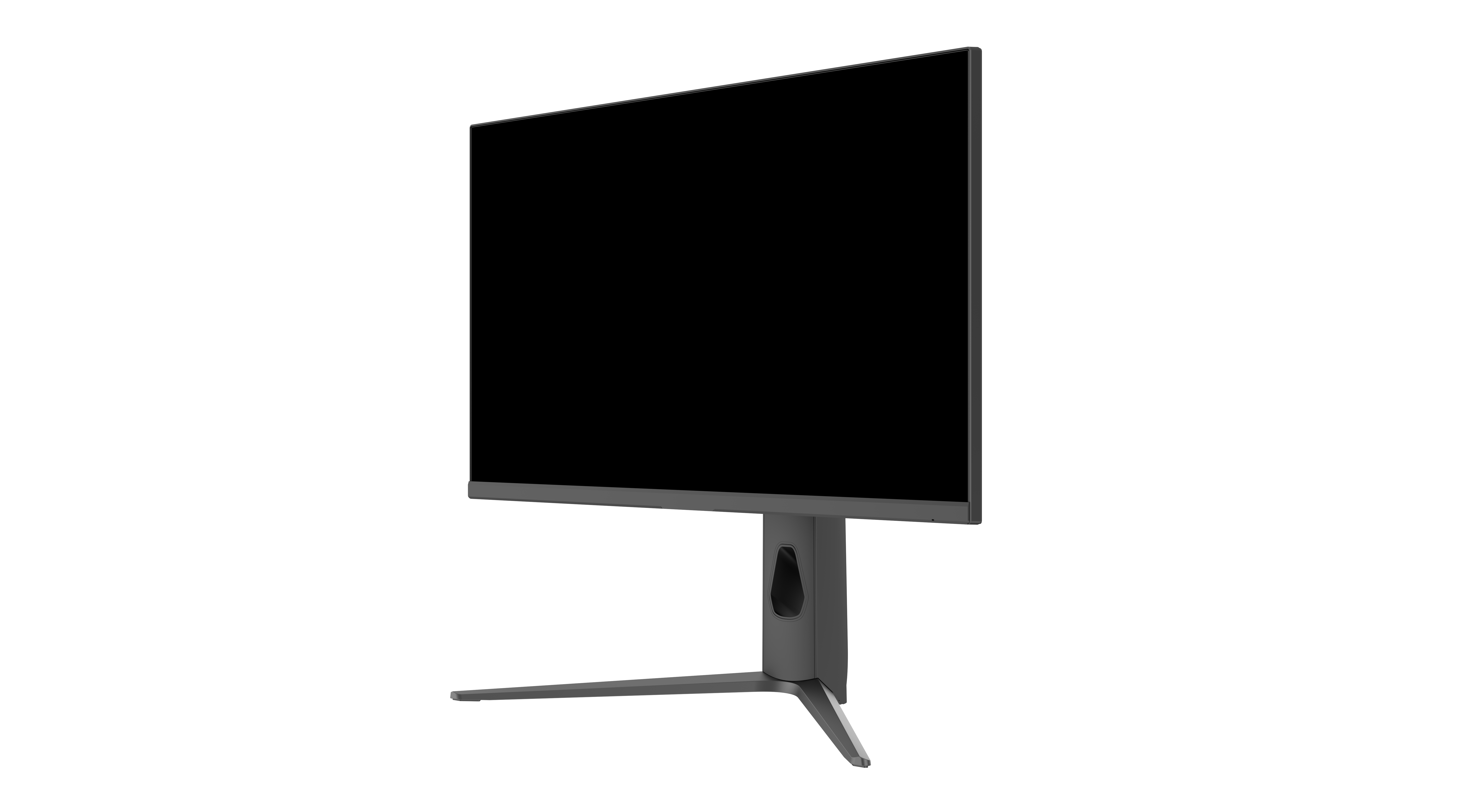 Ein grauer Computermonitor auf einem grauen Ständer. Der Bildschirm ist schwarz. Weißer Hintergrund.