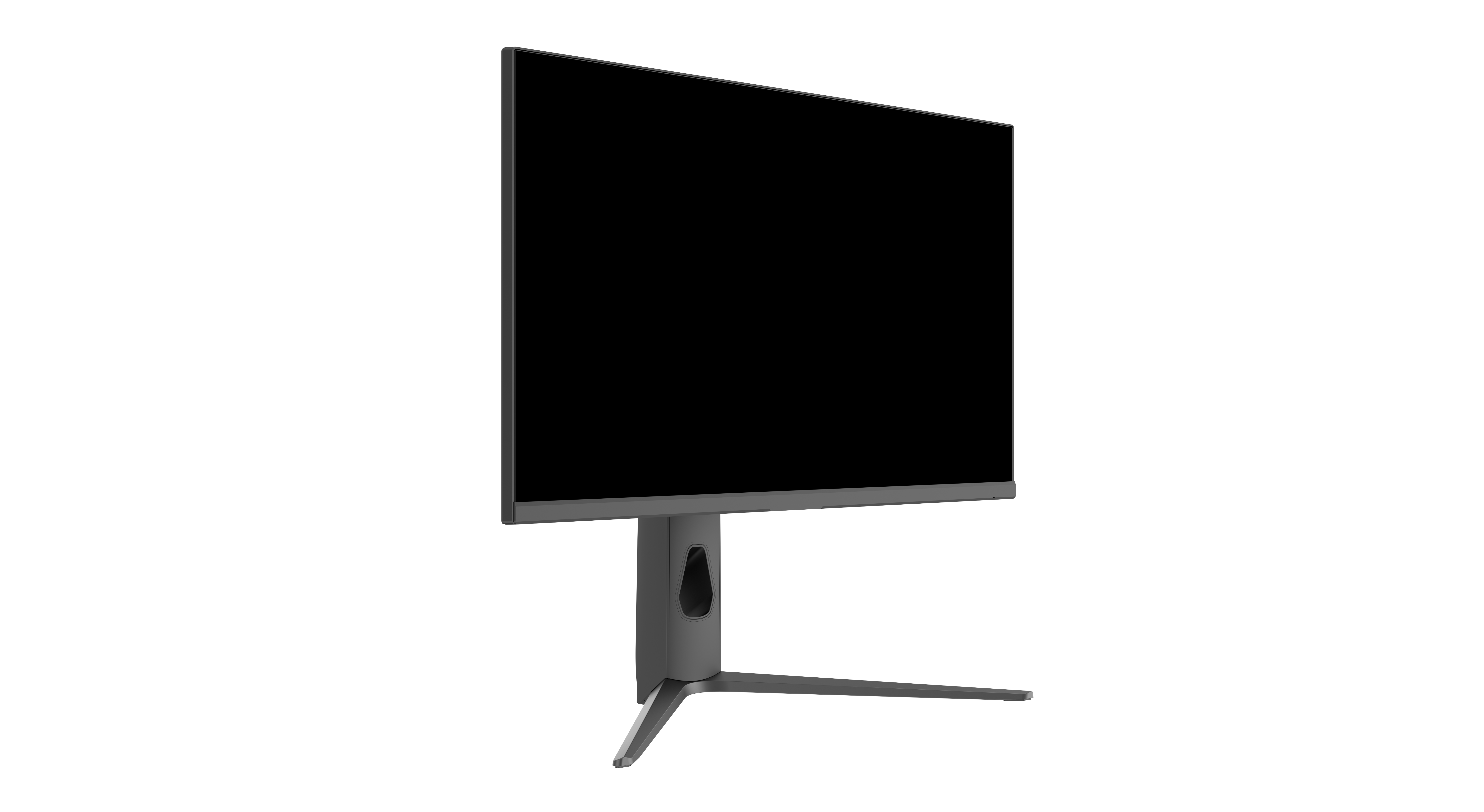 Ein moderner Computermonitor mit schwarzem Bildschirm und grauem Ständer, isoliert vor weißem Hintergrund.