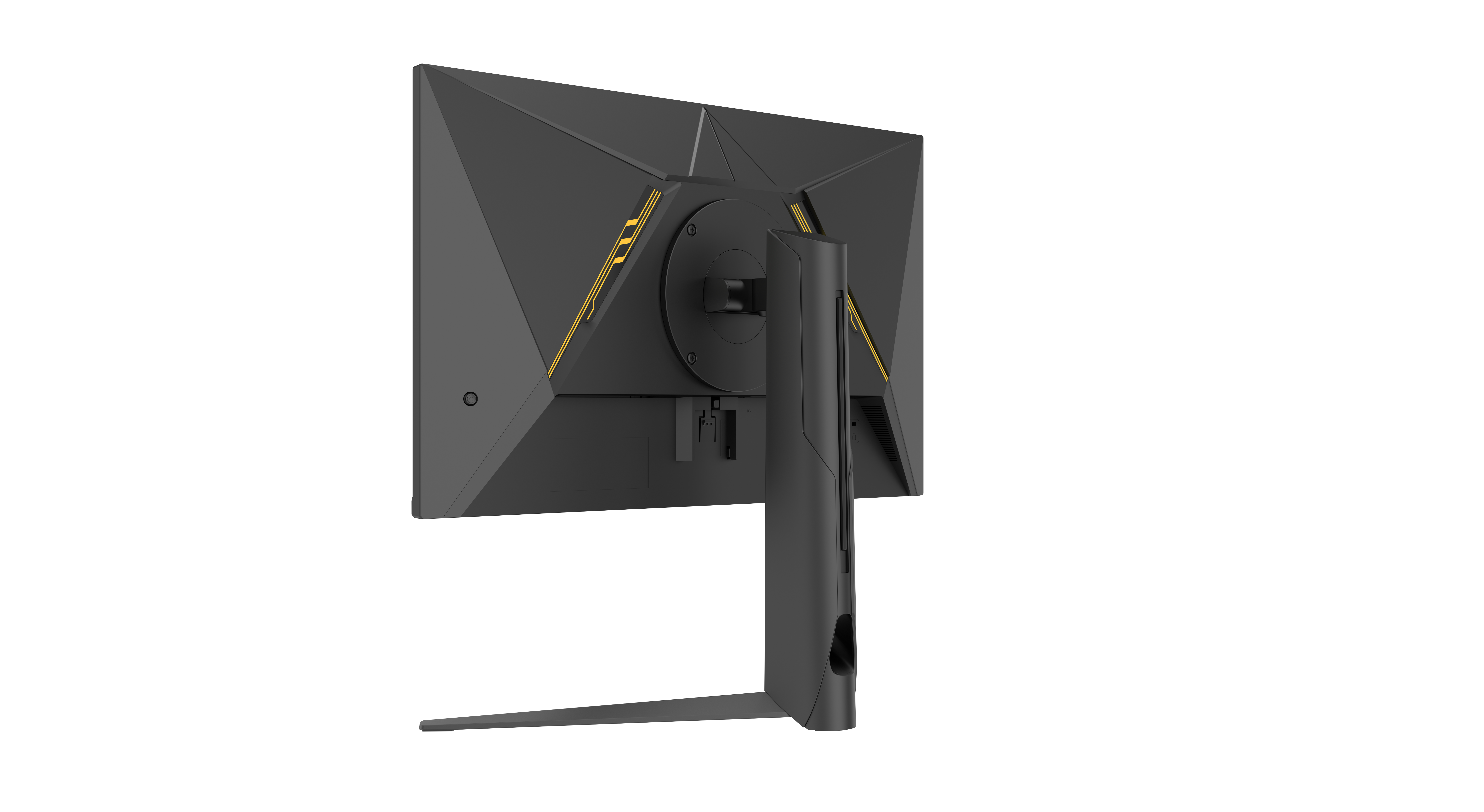 Rückseite eines schwarz-gelben Gaming-Monitors. Er hat einen Ständer und ein geometrisches Design.