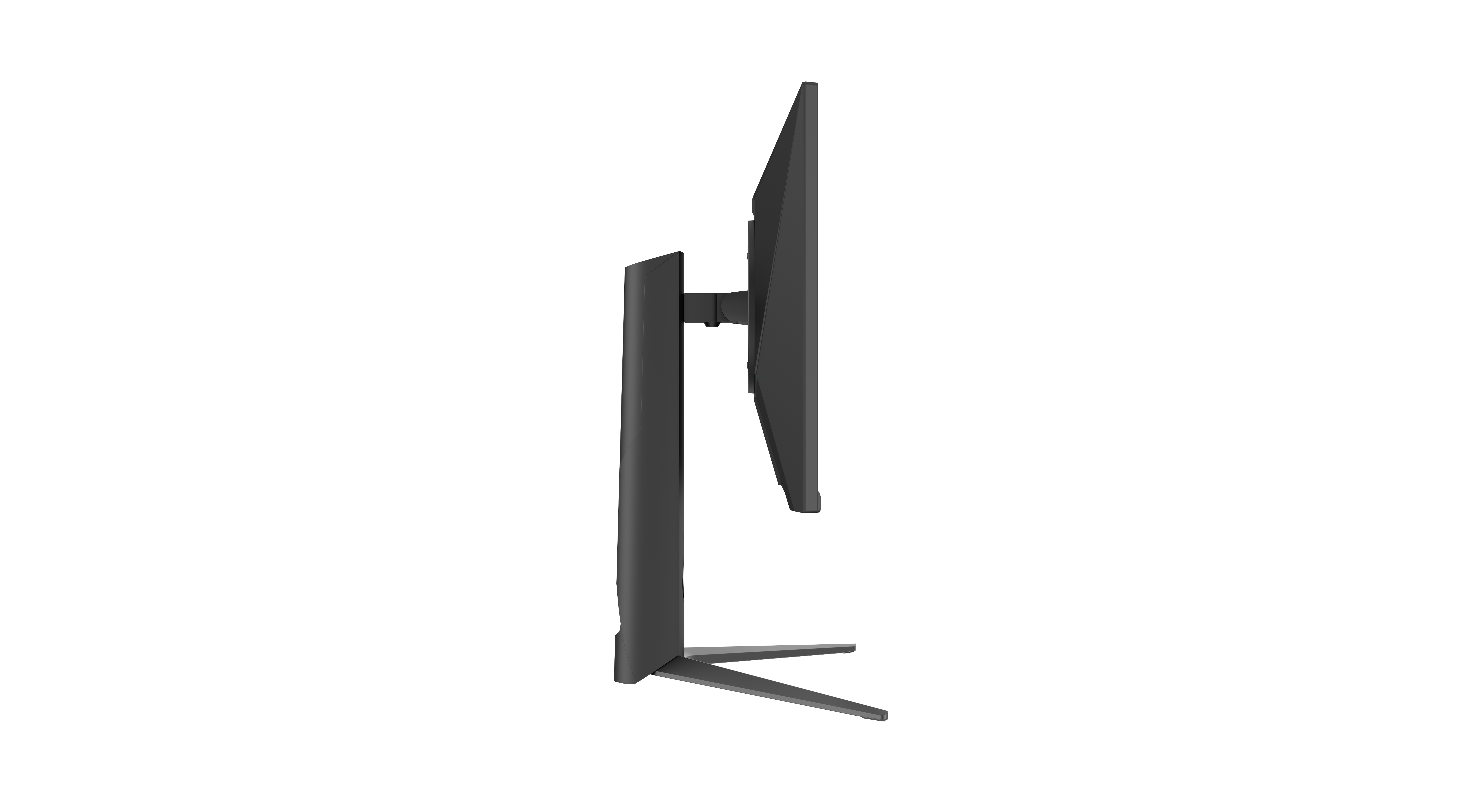 Seitenansicht eines schwarzen Computermonitors auf weißem Hintergrund. Der Monitor hat einen Ständer und ein schlankes Design.