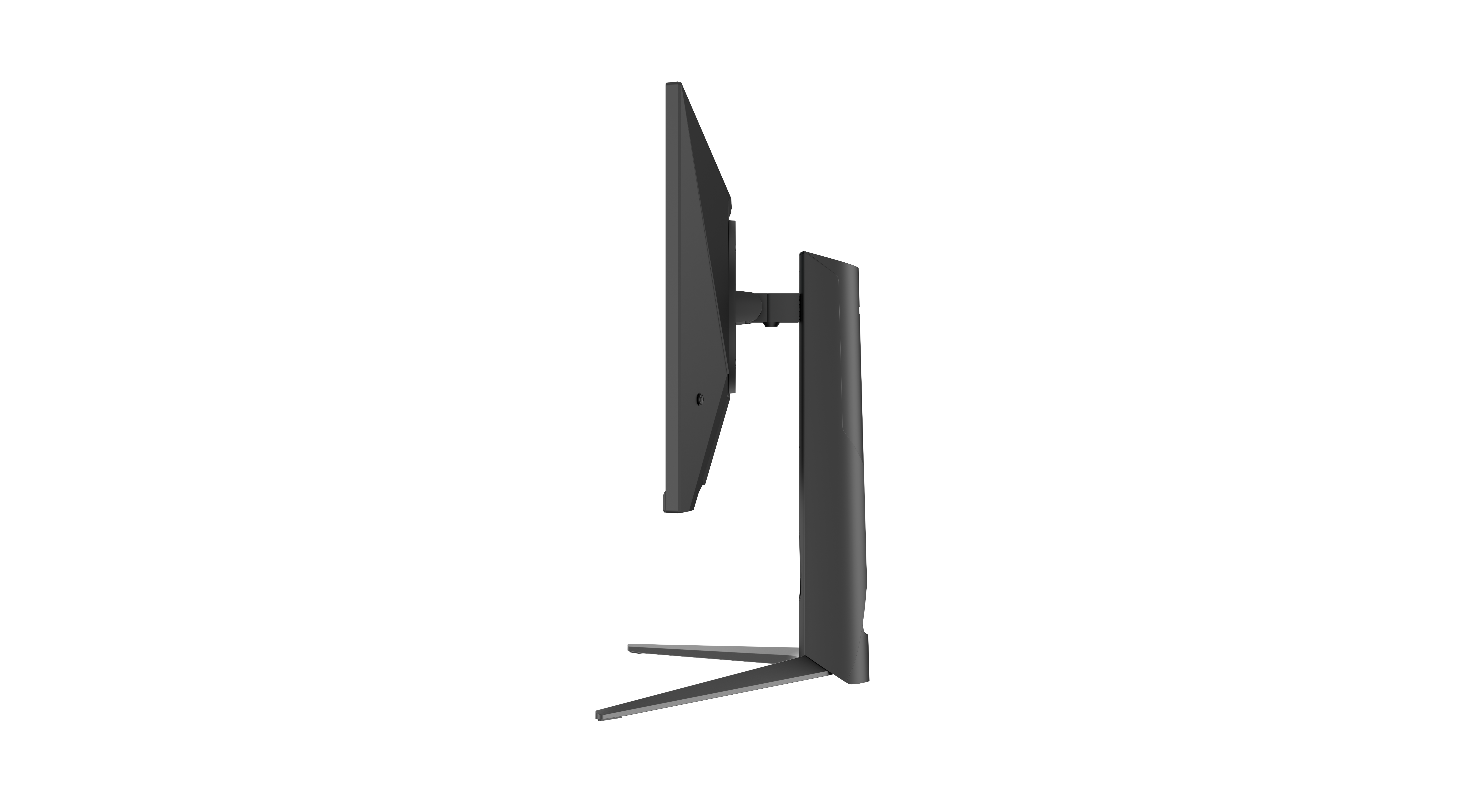 Seitenansicht eines schwarzen Computermonitors. Bildschirm, Ständer und Fuß sind vor weißem Hintergrund sichtbar.