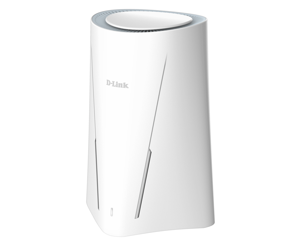 Ein weißer D-Link-Router, zylindrisch mit flacher Oberseite. Er hat vertikale Designelemente und das D-Link-Logo.