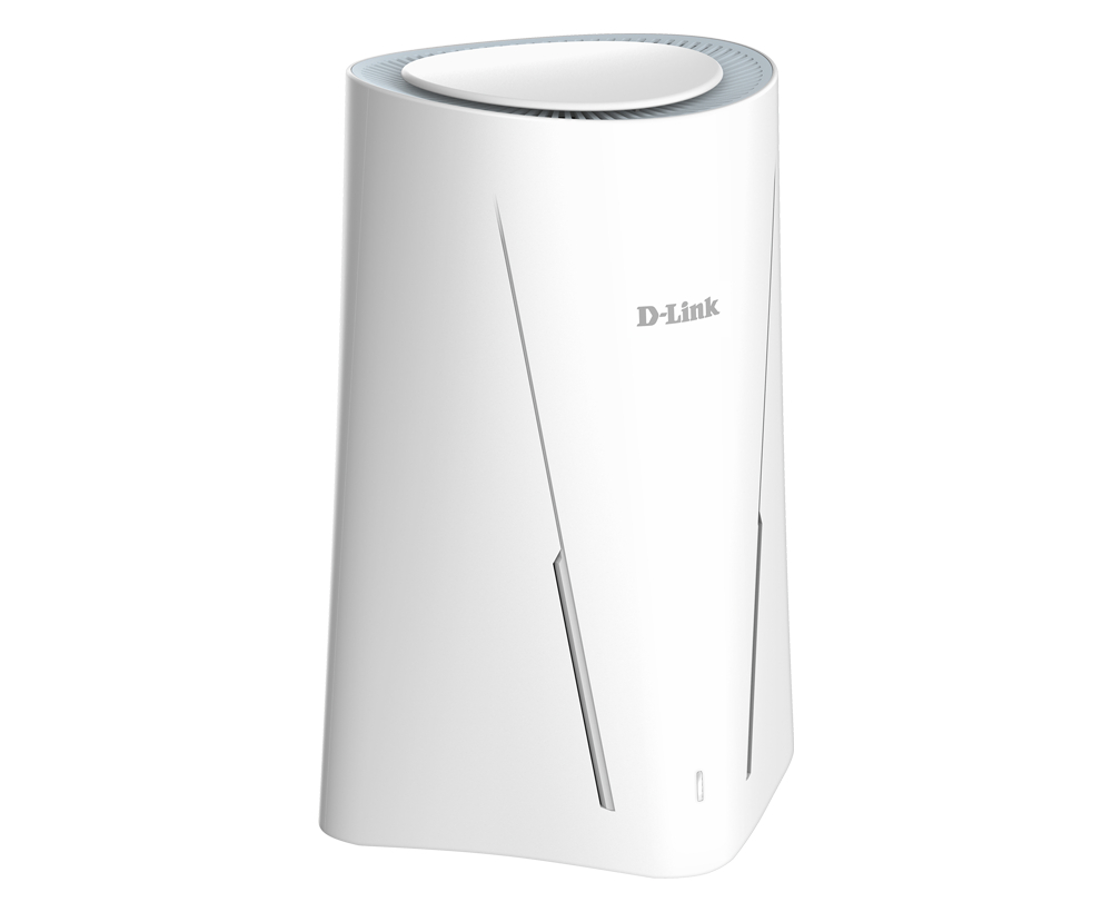 Ein weißer D-Link Router. Er hat eine abgerundete Turmform mit flacher Oberseite und einigen Designlinien.