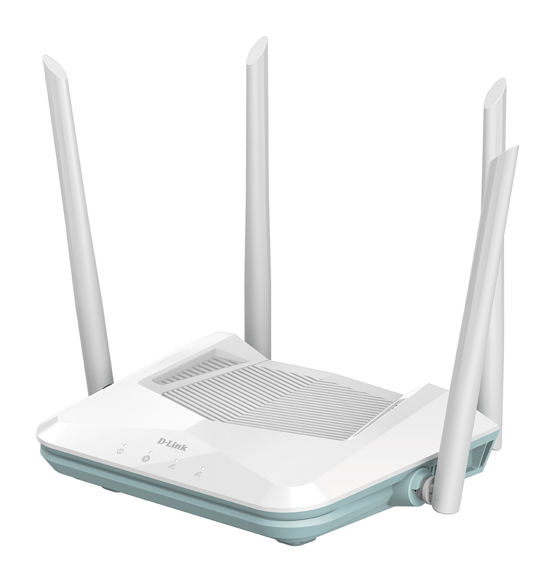 Ein weißer D-Link-Router mit vier Antennen. Er hat eine hellblaue Basis und eine weiße Oberseite. Das D-Link-Logo ist sichtbar.