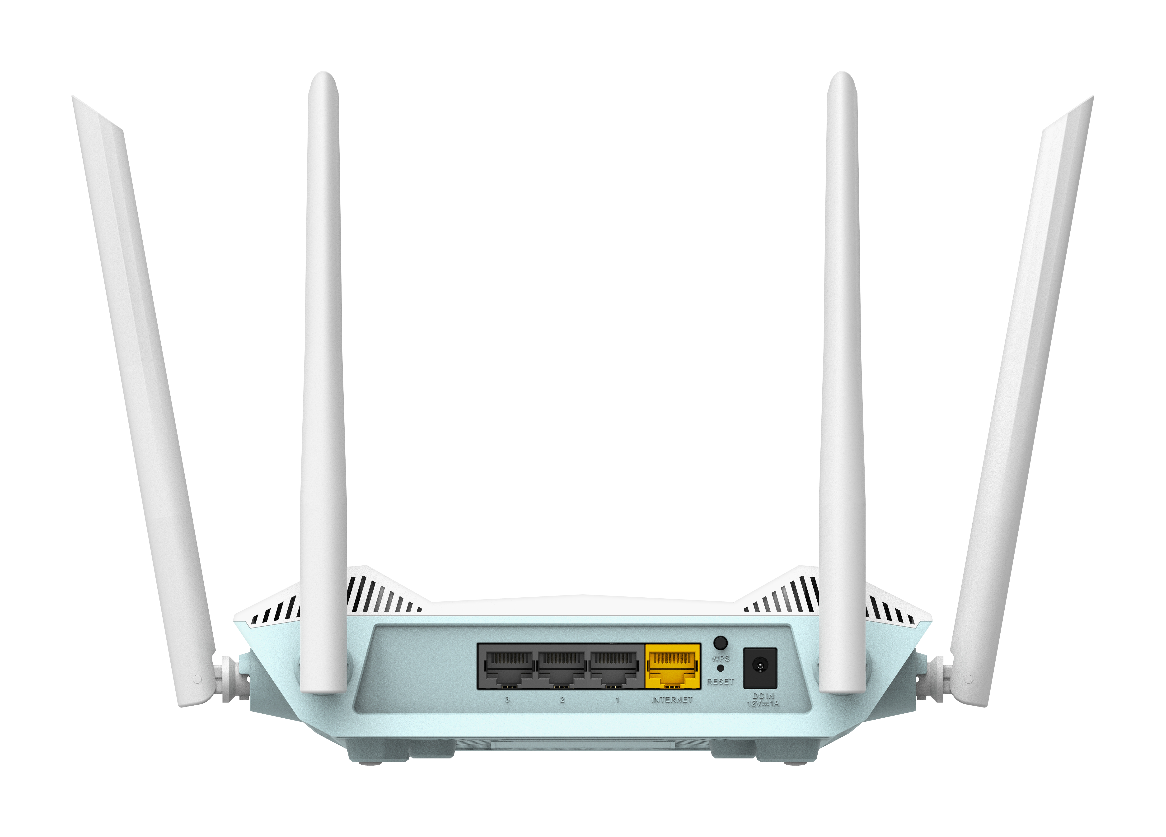 Ein weißer Router mit vier Antennen. Er hat Anschlüsse, Tasten und einen Stromeingang. Der Hintergrund ist weiß.
