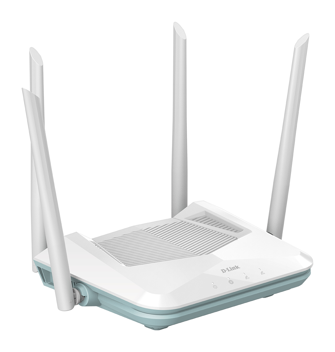 Ein weißer und hellblauer D-Link-Router mit vier Antennen. Der Router hat Kontrollleuchten und eine Lüftung oben.