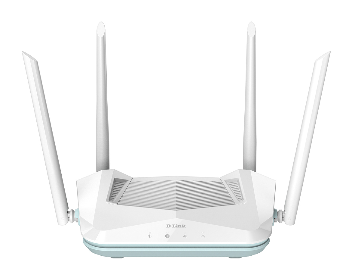 Ein weißer D-Link-Router mit vier Antennen. Die Basis ist hellblau. Das D-Link-Logo befindet sich vorne.