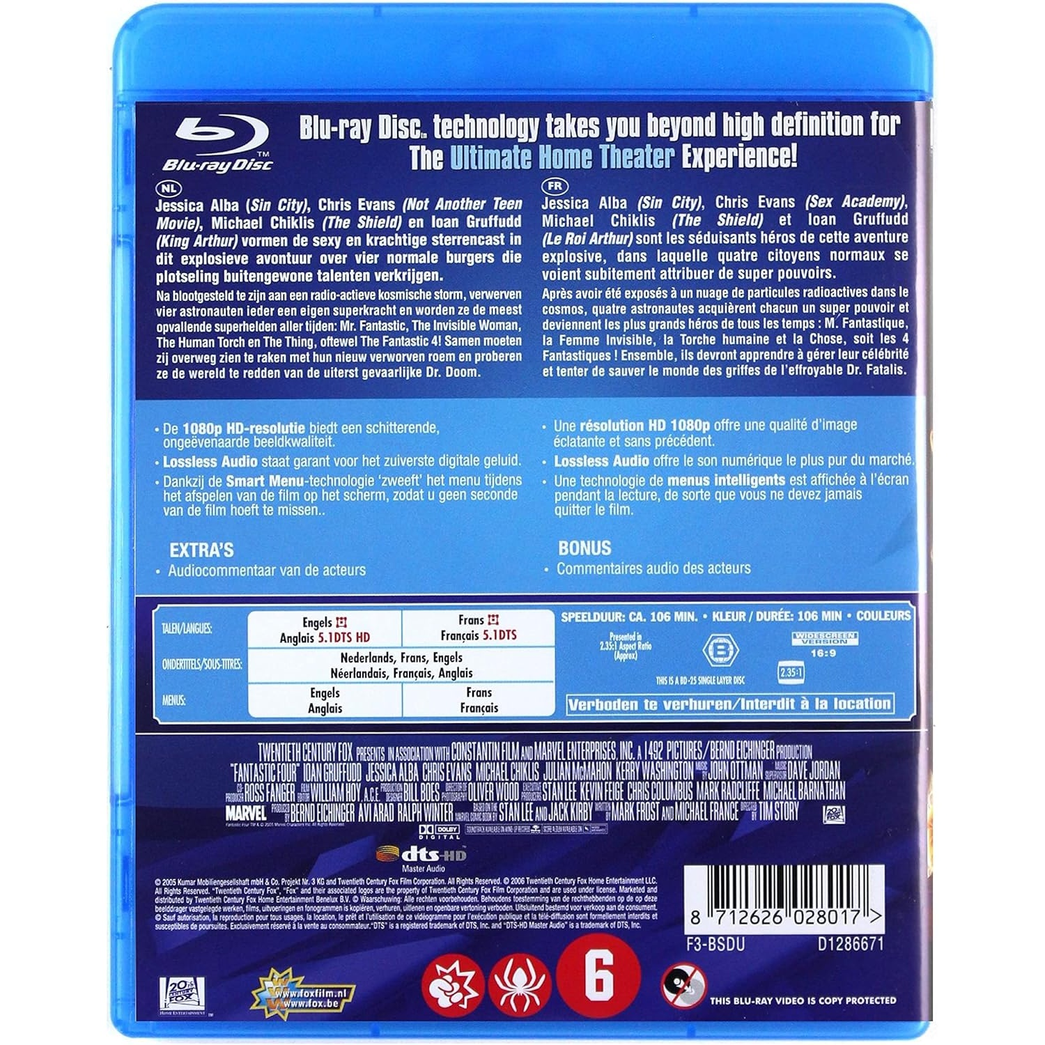 Boîtier Blu-ray. Présente acteurs et détails du film, fond bleu et titre du film.