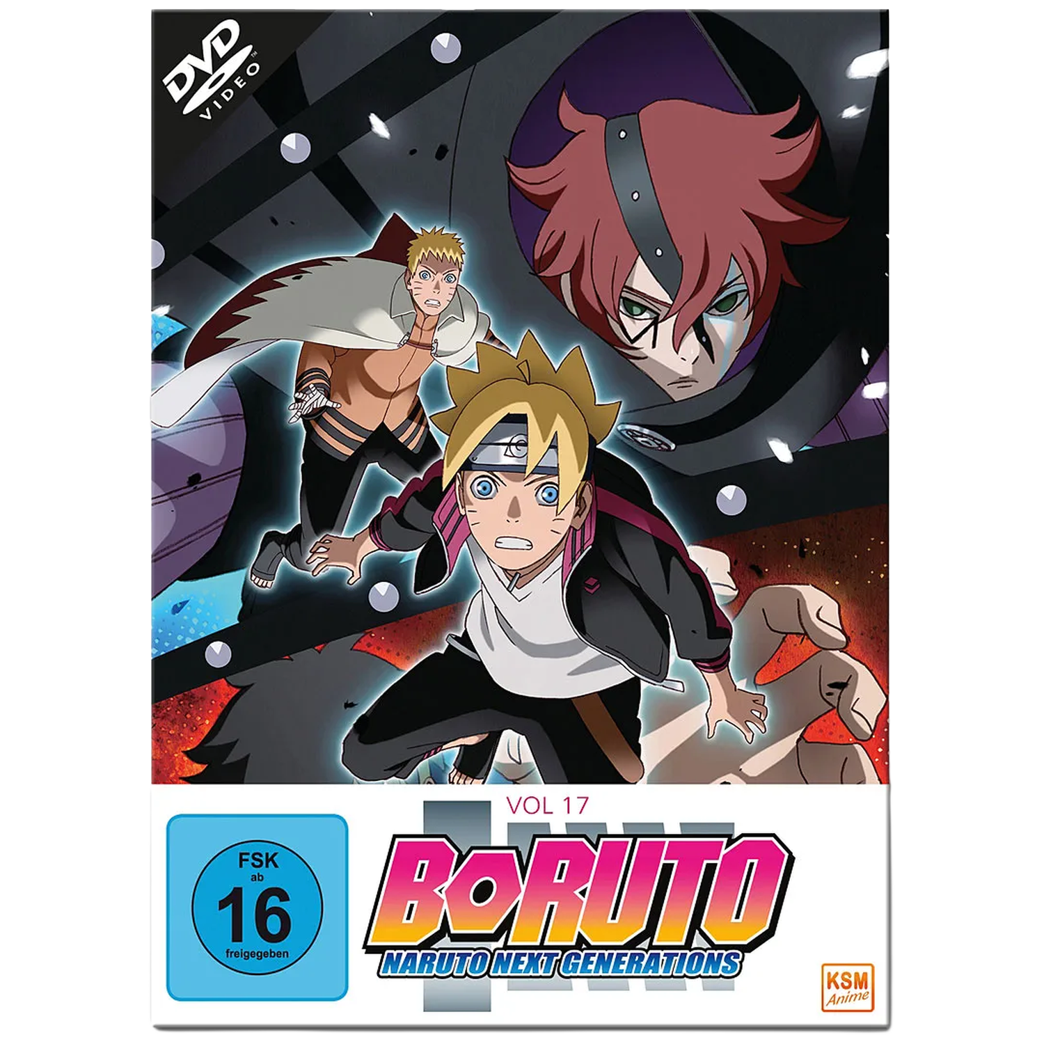 DVD-omslag voor Boruto: Naruto Next Generations, met personages, logo en leeftijdsclassificatie.