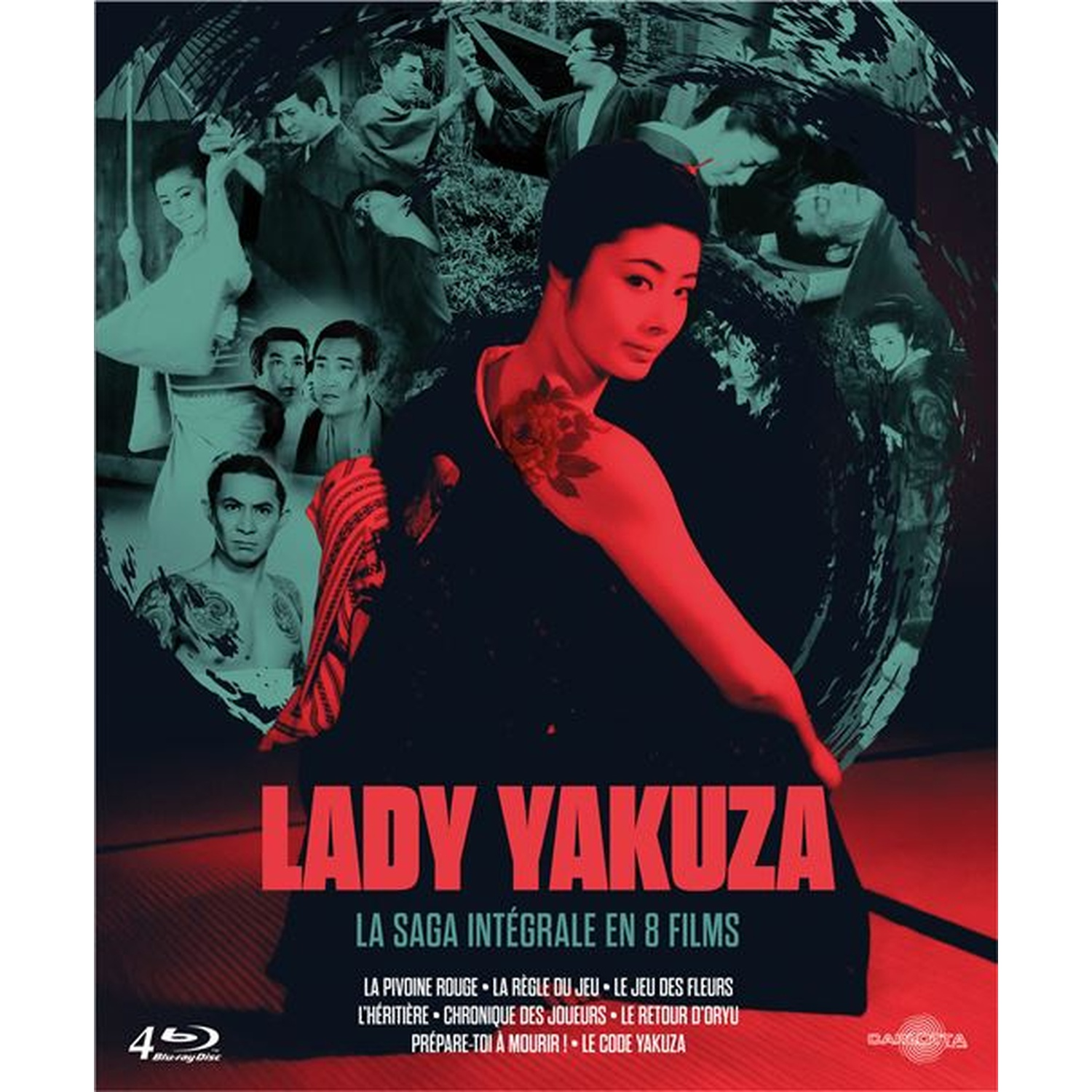 Affiche de "Lady Yakuza". Une femme tatouée au premier plan. D'autres personnages en arrière-plan. Le texte comprend le titre du film.