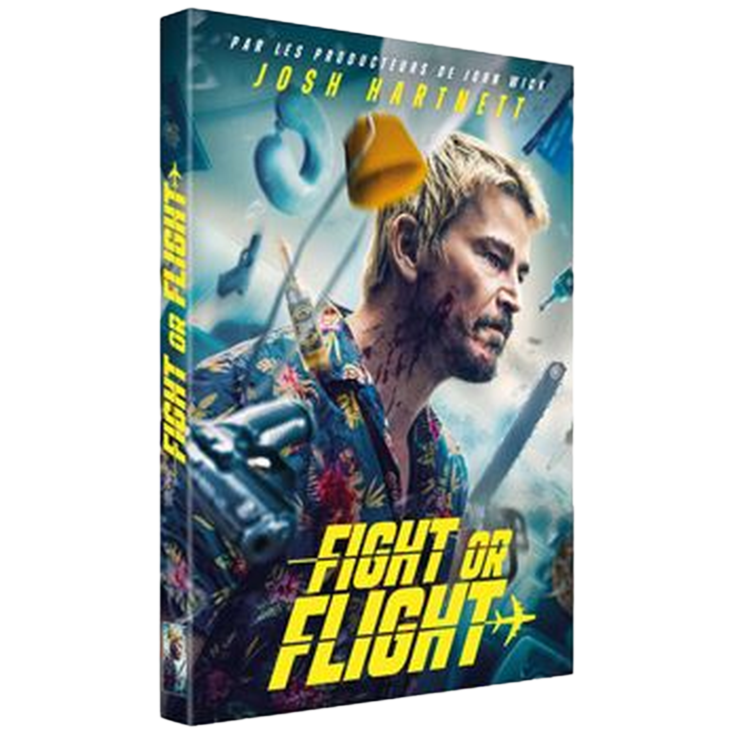 Filmposter. Josh Hartnett in bloemenhemd, met bloed op zijn gezicht. Titel: Fight or Flight. Achtergrond met zwevende objecten.
