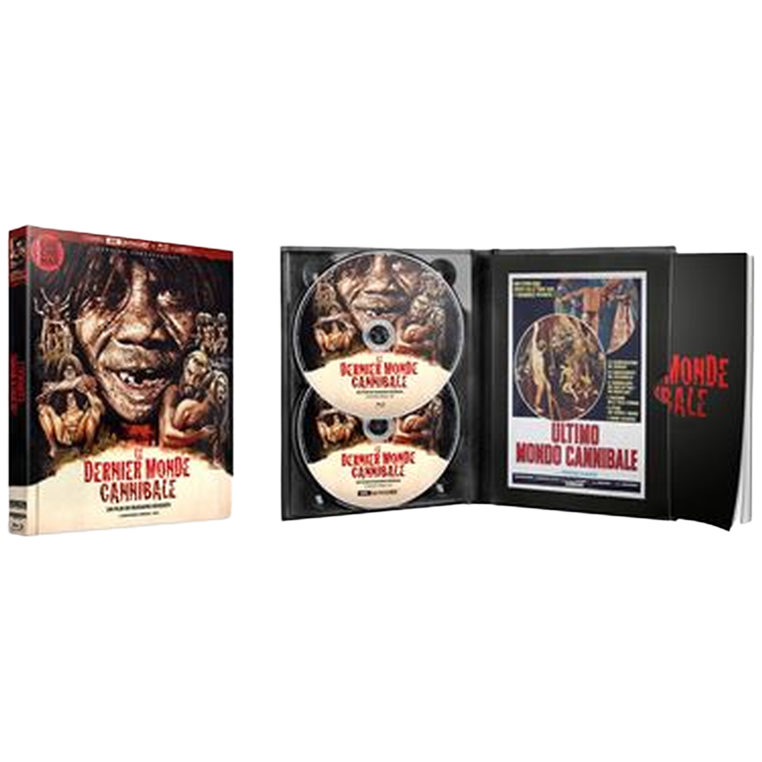 De afbeelding toont een geopende dvd-set. De cover toont een verontrustend gezicht. Binnenin zitten twee dvd's en een boekje. De hoes is zwart.