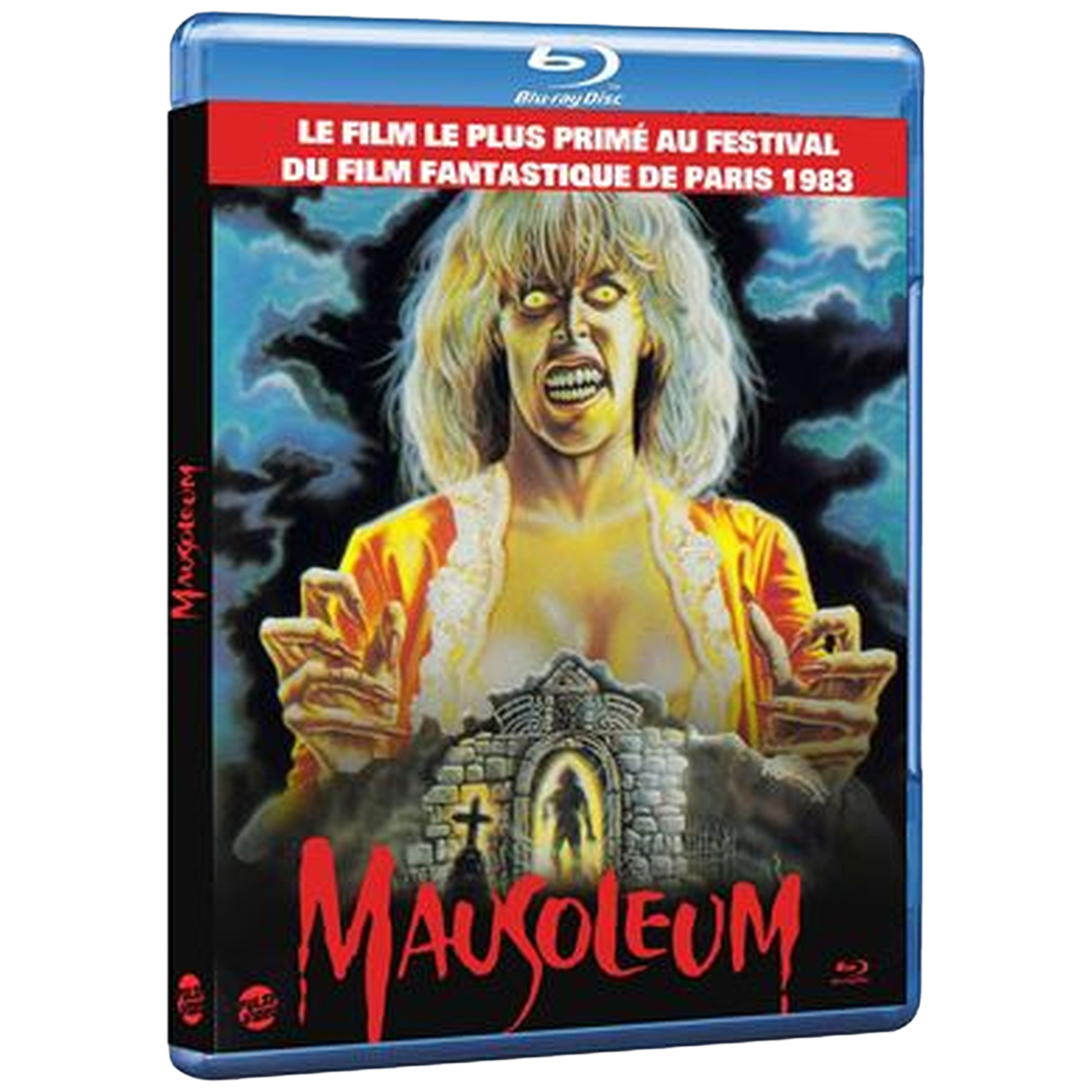 Jaquette Blu-ray pour 'Mausoleum'. Une femme aux yeux brillants et à la bouche ouverte se tient devant un mausolée. Le texte rouge dit 'Mausoleum'.