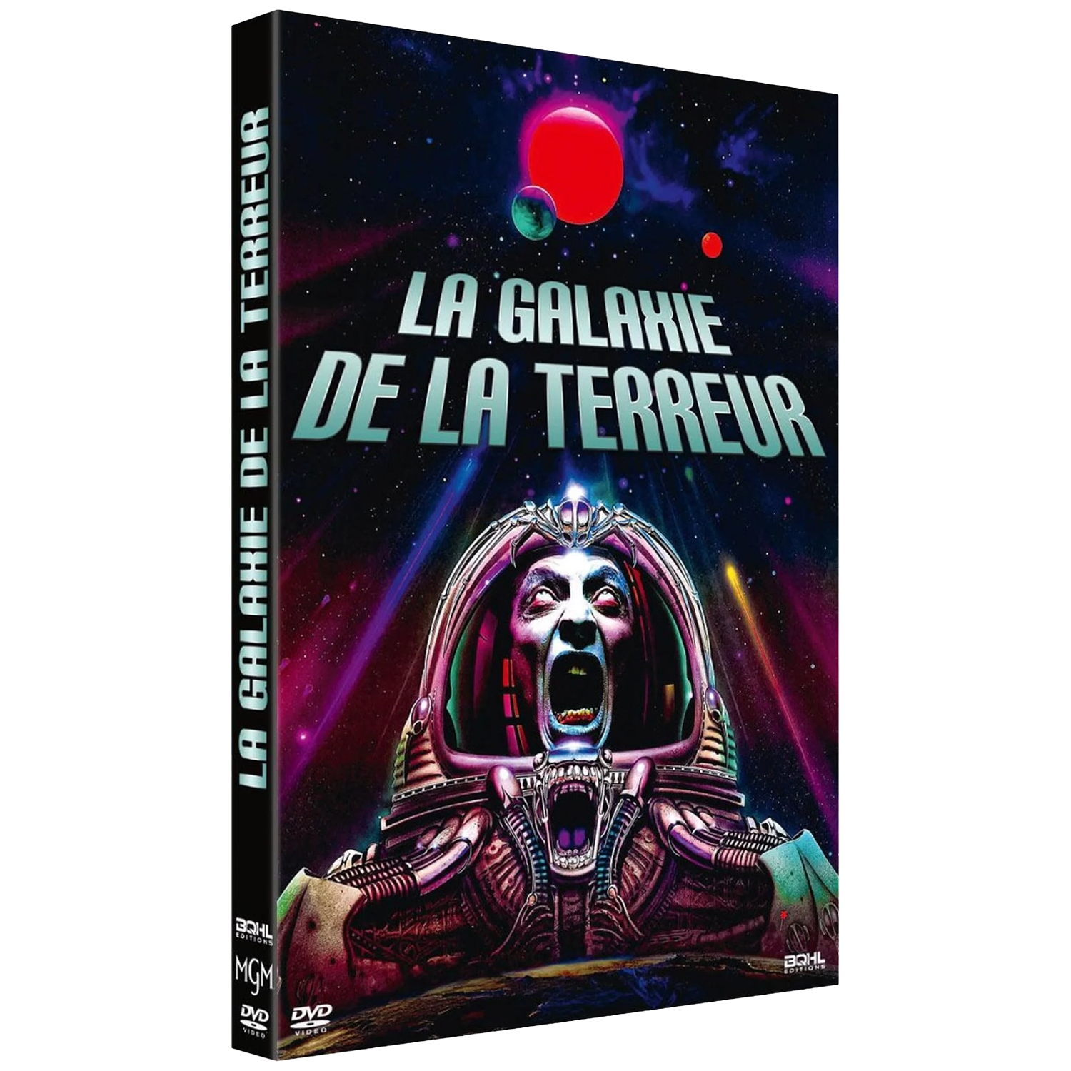 Couverture DVD. Un visage hurlant, avec un fond spatial et des planètes. Le titre est 'La Galaxie de la Terreur'.