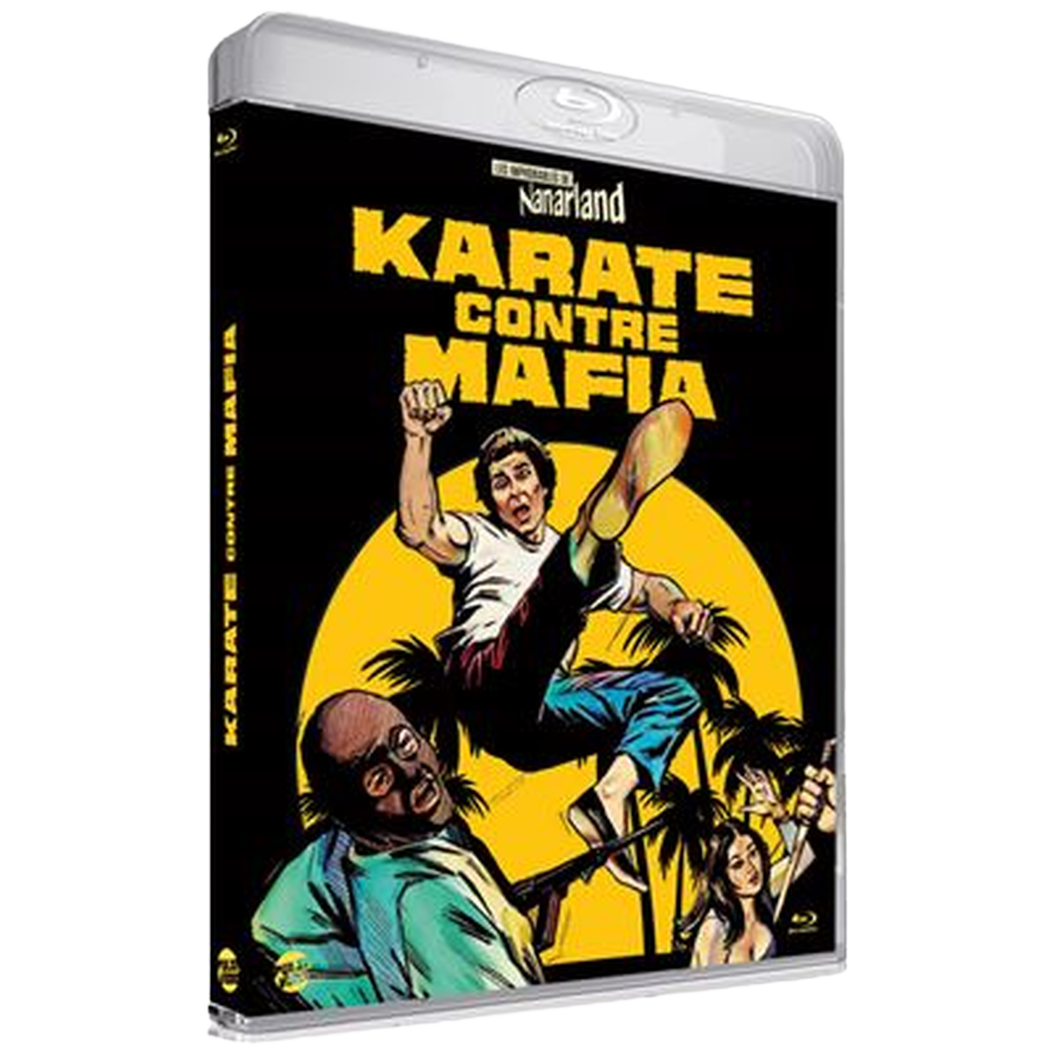 Blu-ray cover: Man trapt in de lucht, gele zon, titel 'Karate Contre Mafia'. Mannen met wapens en vrouw op de achtergrond.