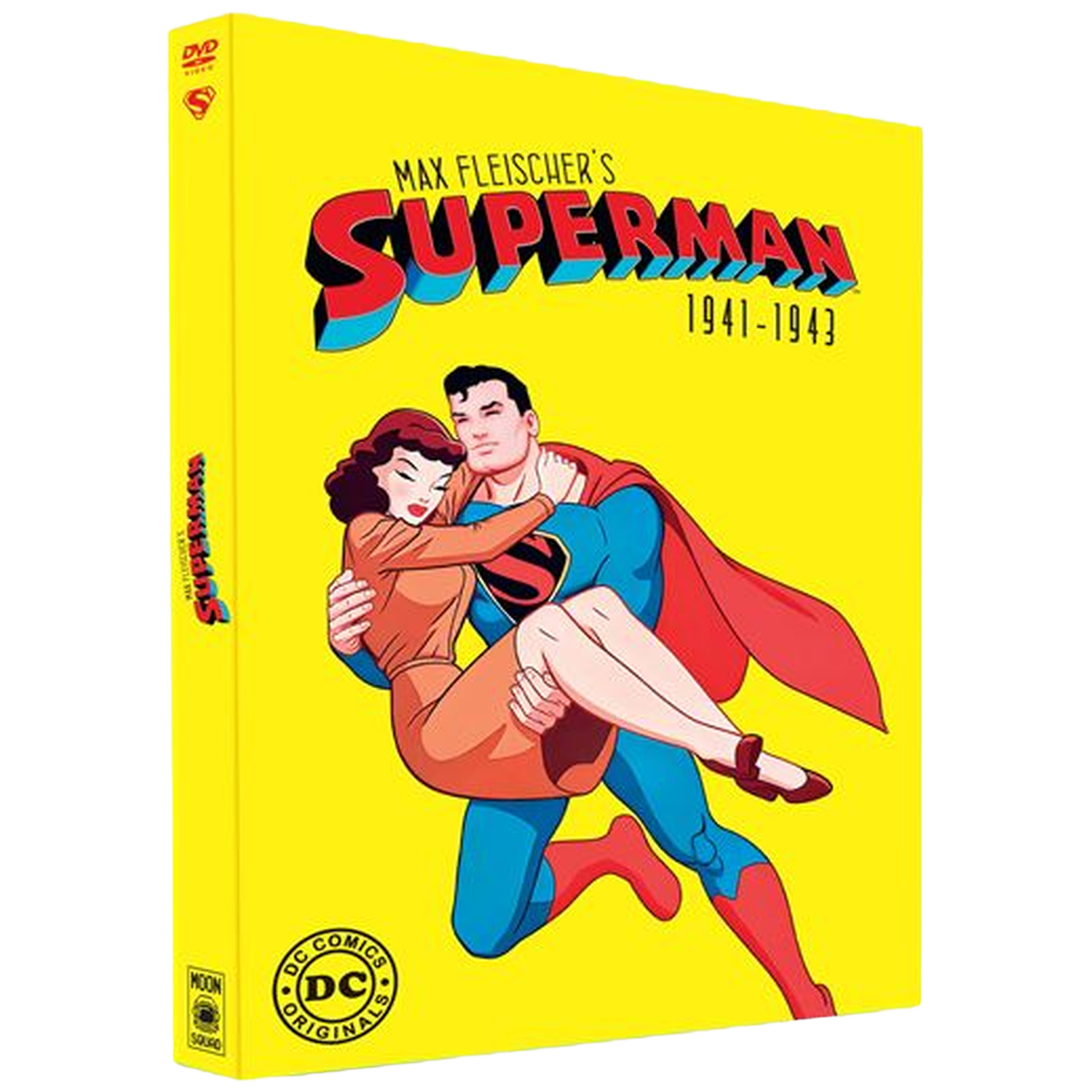 Coffret DVD de Superman de Max Fleischer avec Superman tenant Lois Lane. Boîte jaune avec le logo DC Comics.