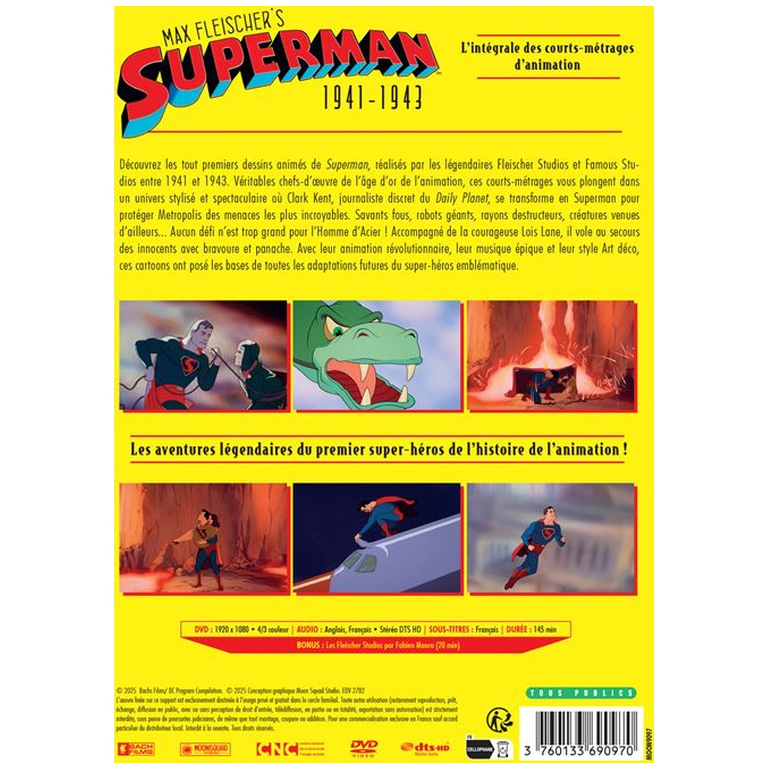 Jaquette DVD des courts métrages d'animation Superman 1941-1943. Fond jaune avec logo Superman et images.