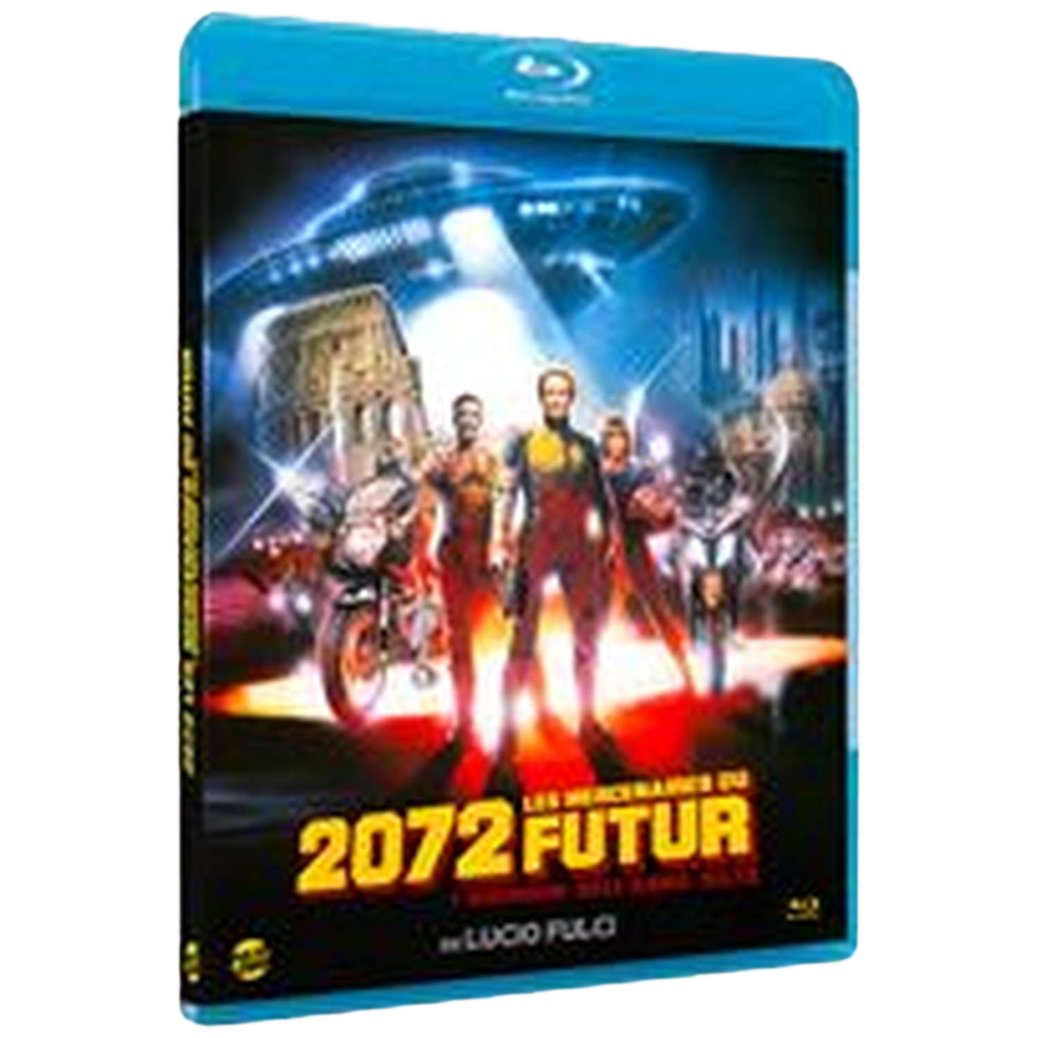 Couverture Blu-ray : Film de science-fiction. Personnages futuristes, moto et soucoupe volante. Titre : 2072 LES MERCENAIRES DU FUTUR.