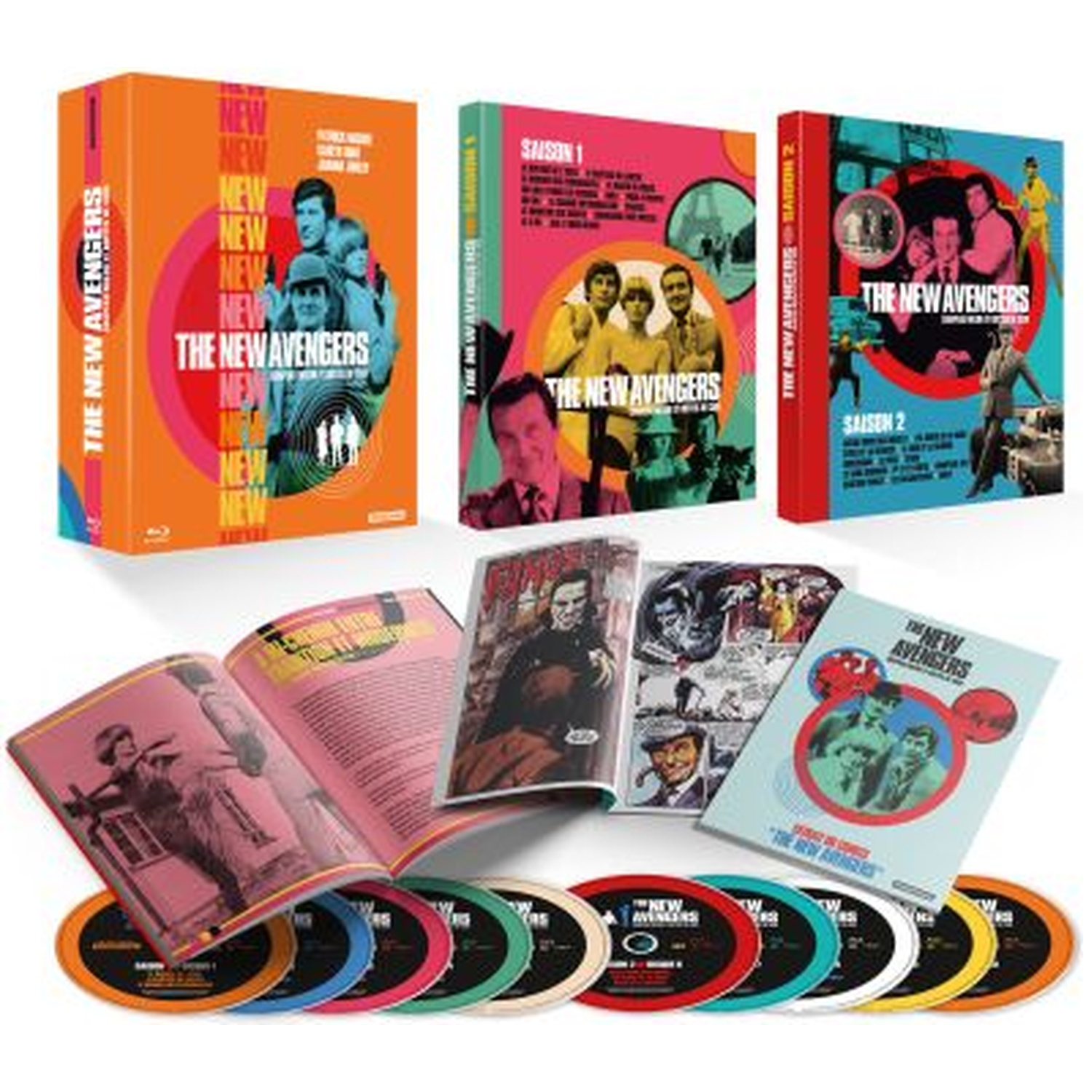 L'image montre des coffrets DVD de "Chapeau melon et bottes de cuir" avec des photos des acteurs, ainsi que des livrets et des DVD colorés. Un thème de série télévisée vintage.