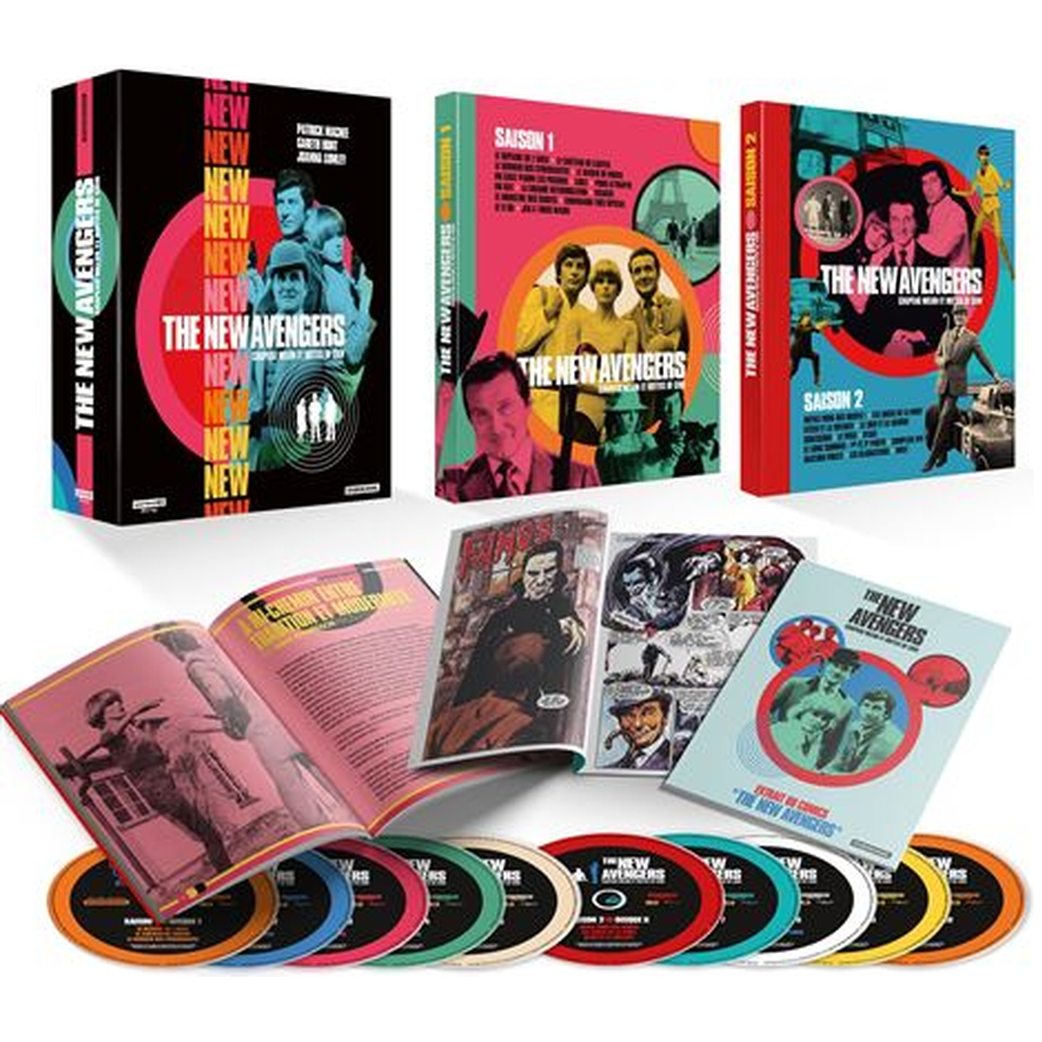 DVD box set of 'The New Avengers'. Includes box sets, booklets, and DVDs with colorful covers. Characters are visible.