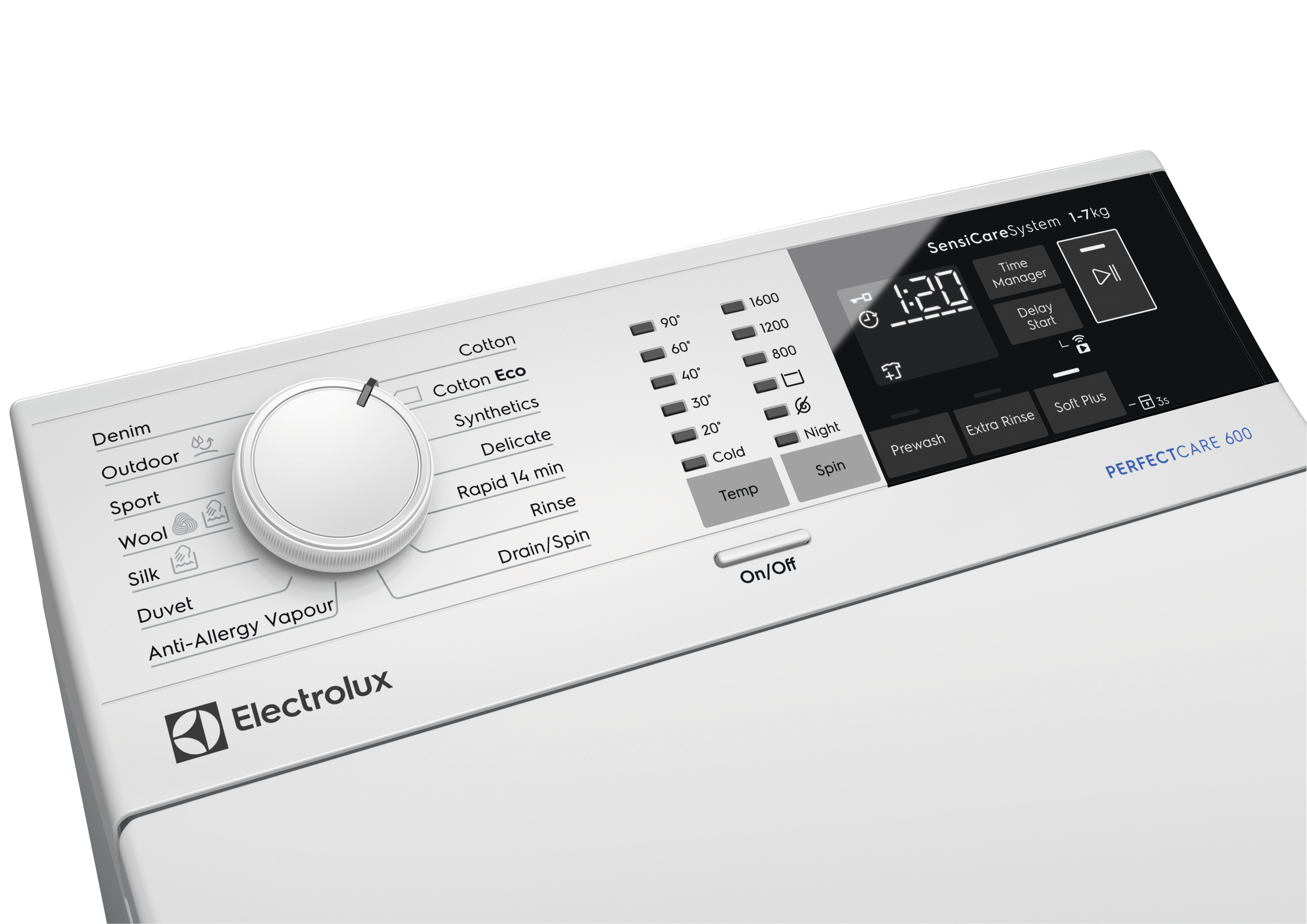 Primer plano del panel de control de una lavadora Electrolux blanca. Cuenta con un dial, pantalla digital y botones para varios ajustes.