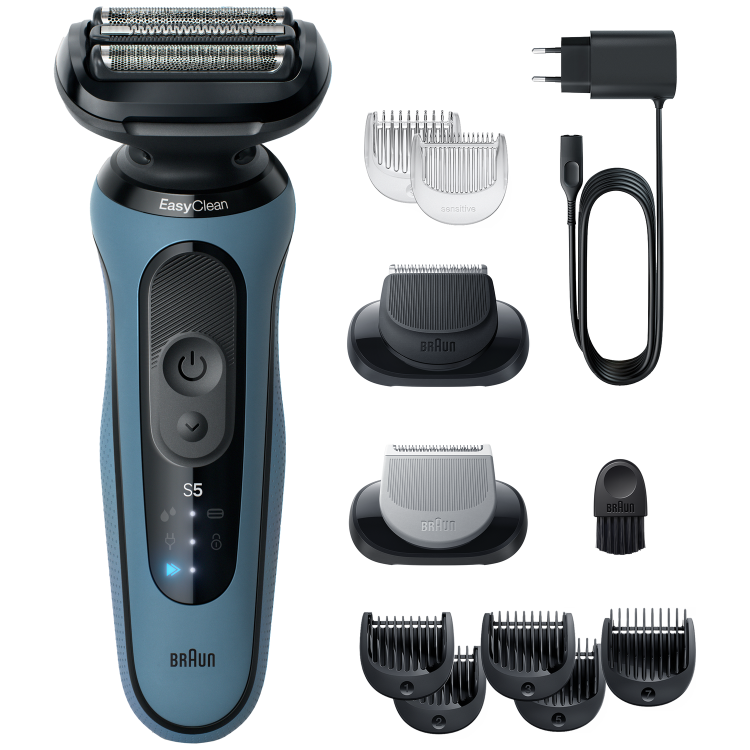 Een blauw-zwarte Braun Series 5 elektrische scheerapparaat met accessoires: oplader, reinigingsborstel en diverse trimmertoppen.