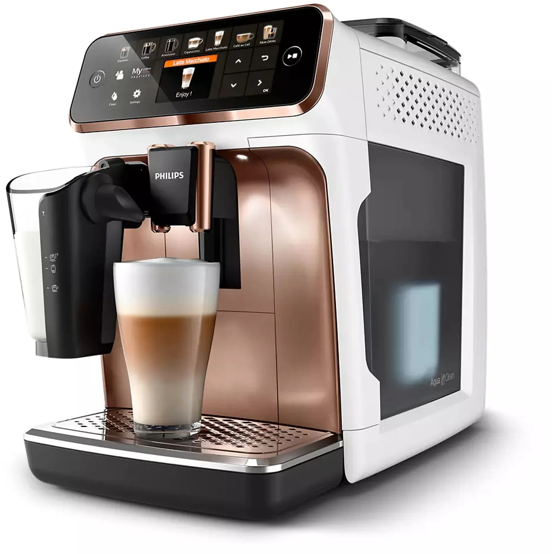 Egy fehér és rézszínű Philips kávéfőző latte macchiatót készít. A gépen érintőképernyő van.