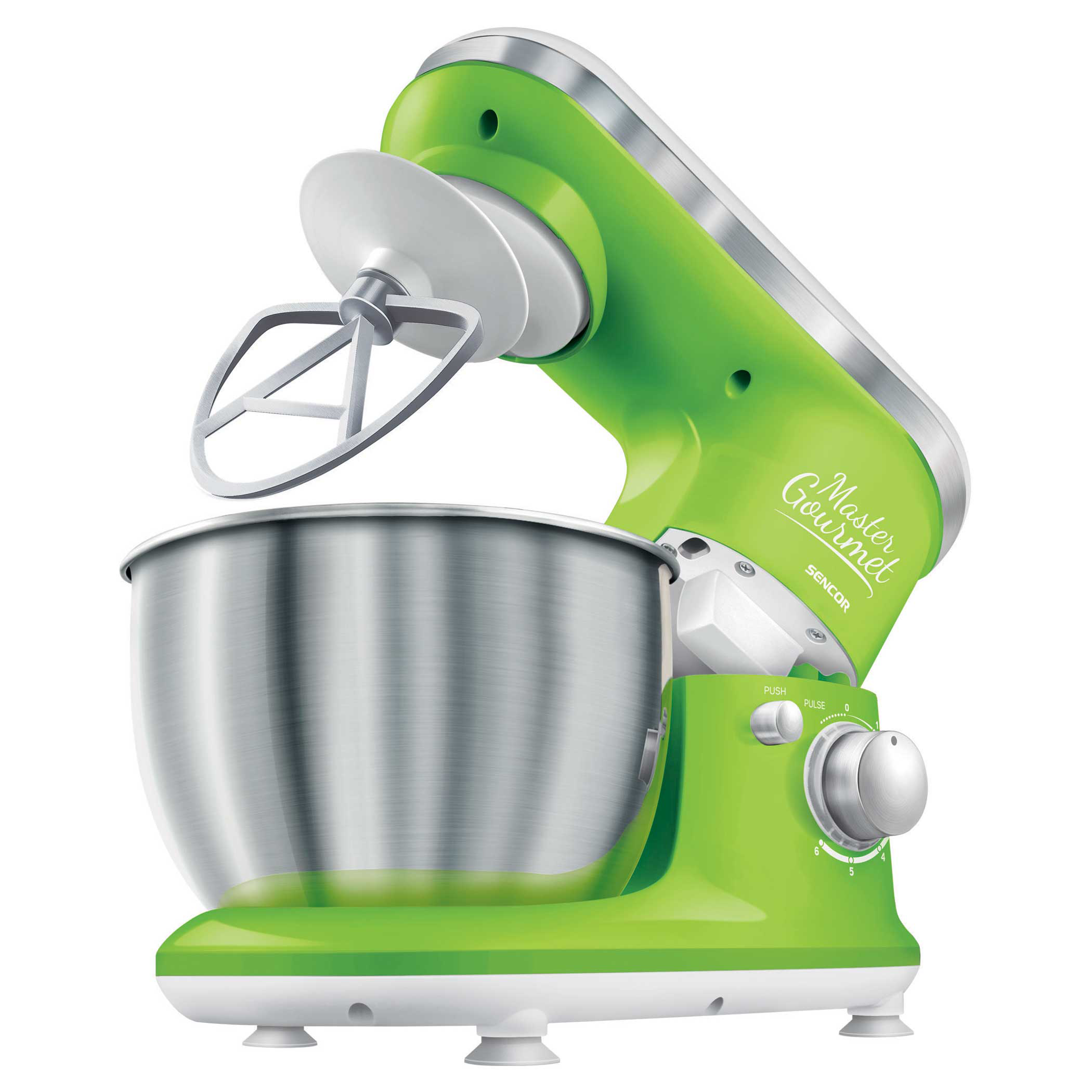 Zöld robotgép ezüst tálal és tartozékokkal. Van rajta sebesség szabályozó és a márka a Master Gourmet.