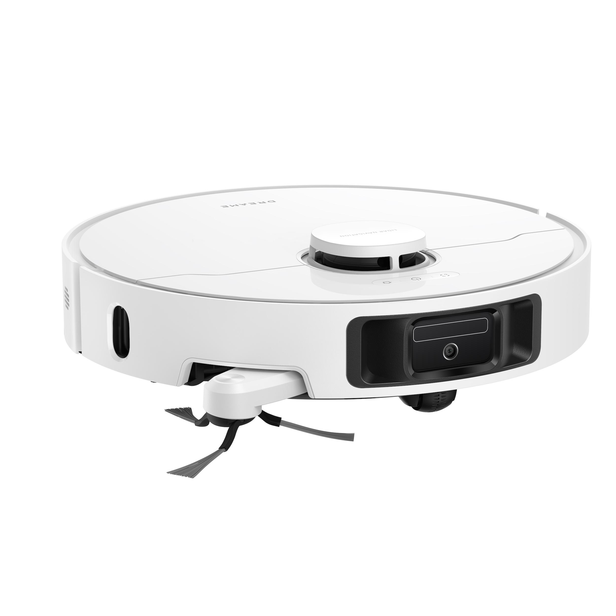 Ein weißer Roboterstaubsauger mit schwarzem Sensor und Bürste. Es ist auf weißem Hintergrund.