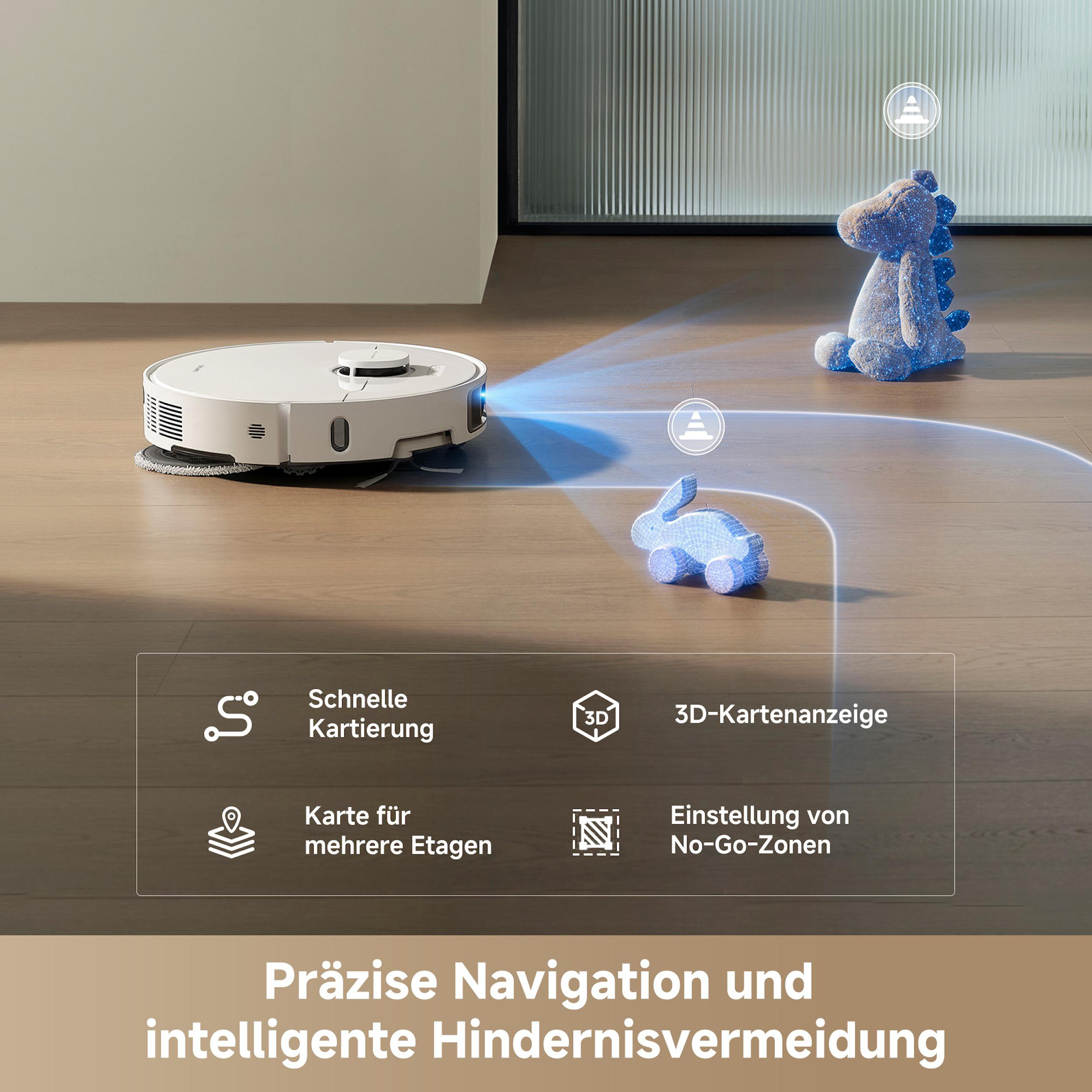 Ein Roboter-Staubsauger auf Holzboden. Blaue Lichtstrahlen projizieren. Spielzeug ist vorhanden. Text darunter lautet 'Präzise Navigation'.