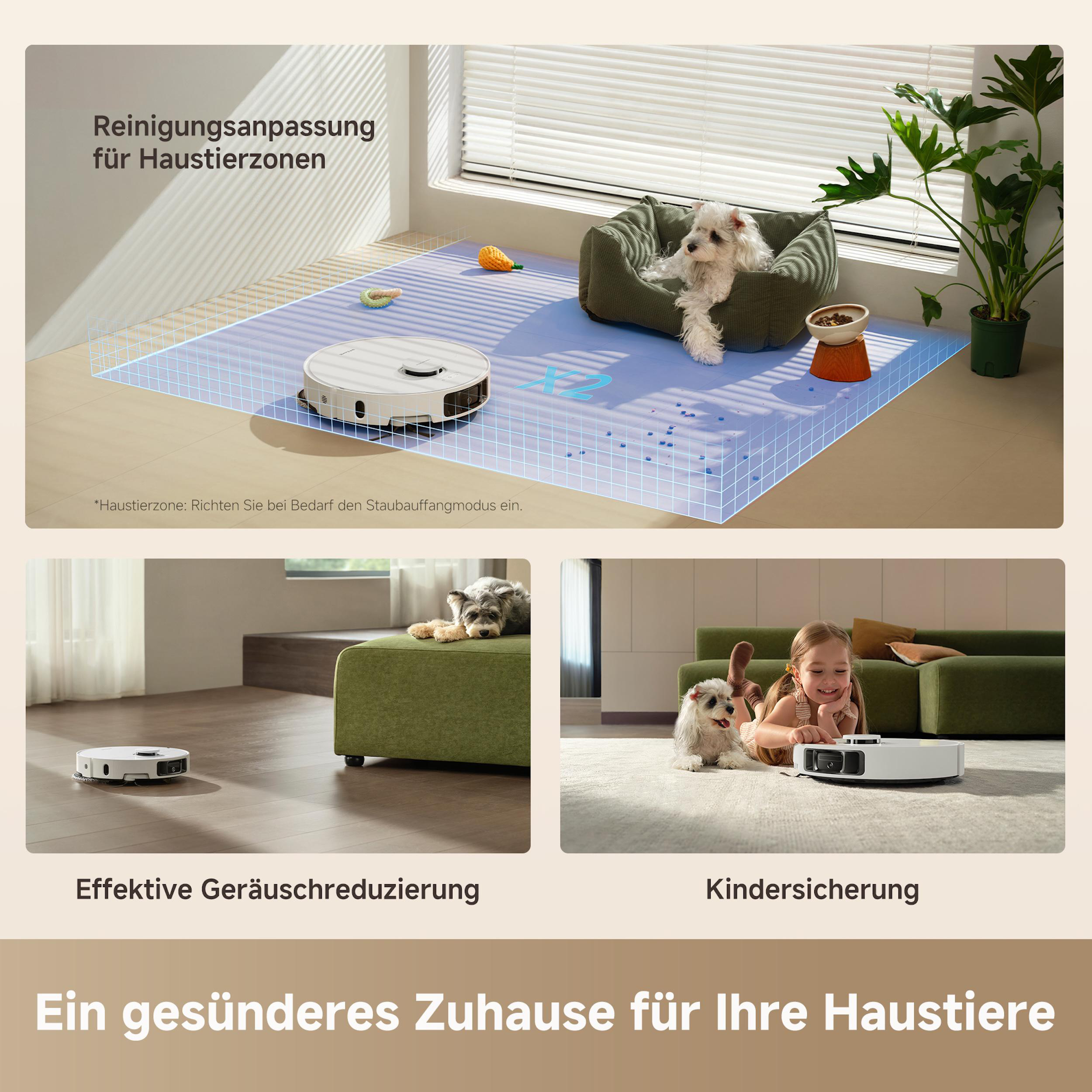Ein Roboterstaubsauger reinigt eine Haustierzone. Hunde und ein Mädchen sind anwesend. Das Bild zeigt ein sauberes Zuhause.