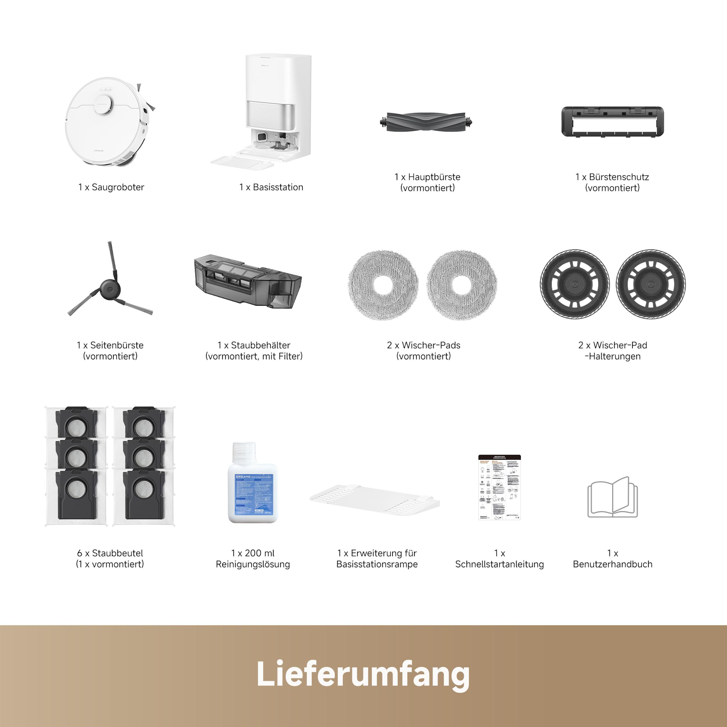 Das Bild zeigt einen Roboter-Staubsauger und sein Zubehör, darunter Bürsten, Pads und Reinigungslösung.