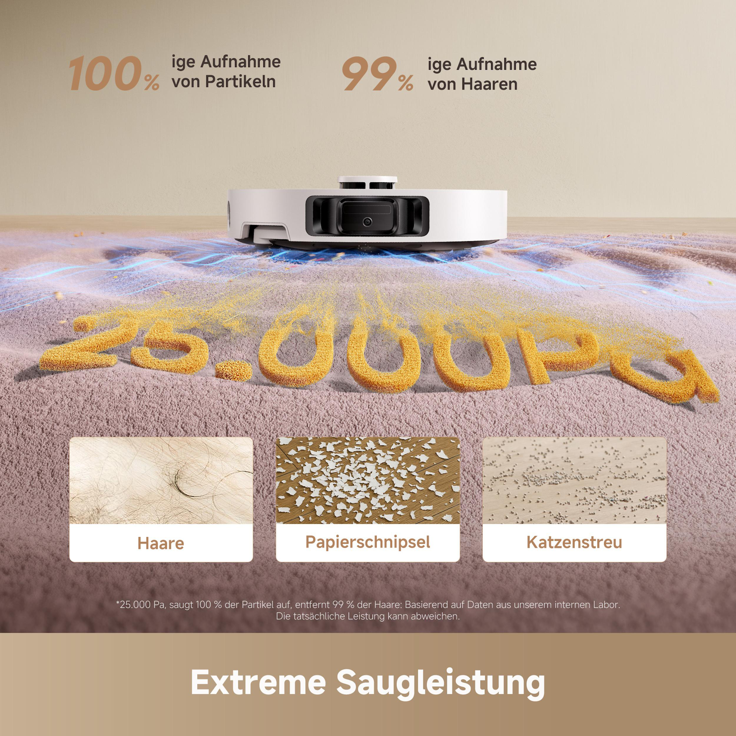 Ein Roboter-Staubsauger auf einer staubigen Oberfläche, der die Reinigungsleistung mit Text und Bildern zeigt.