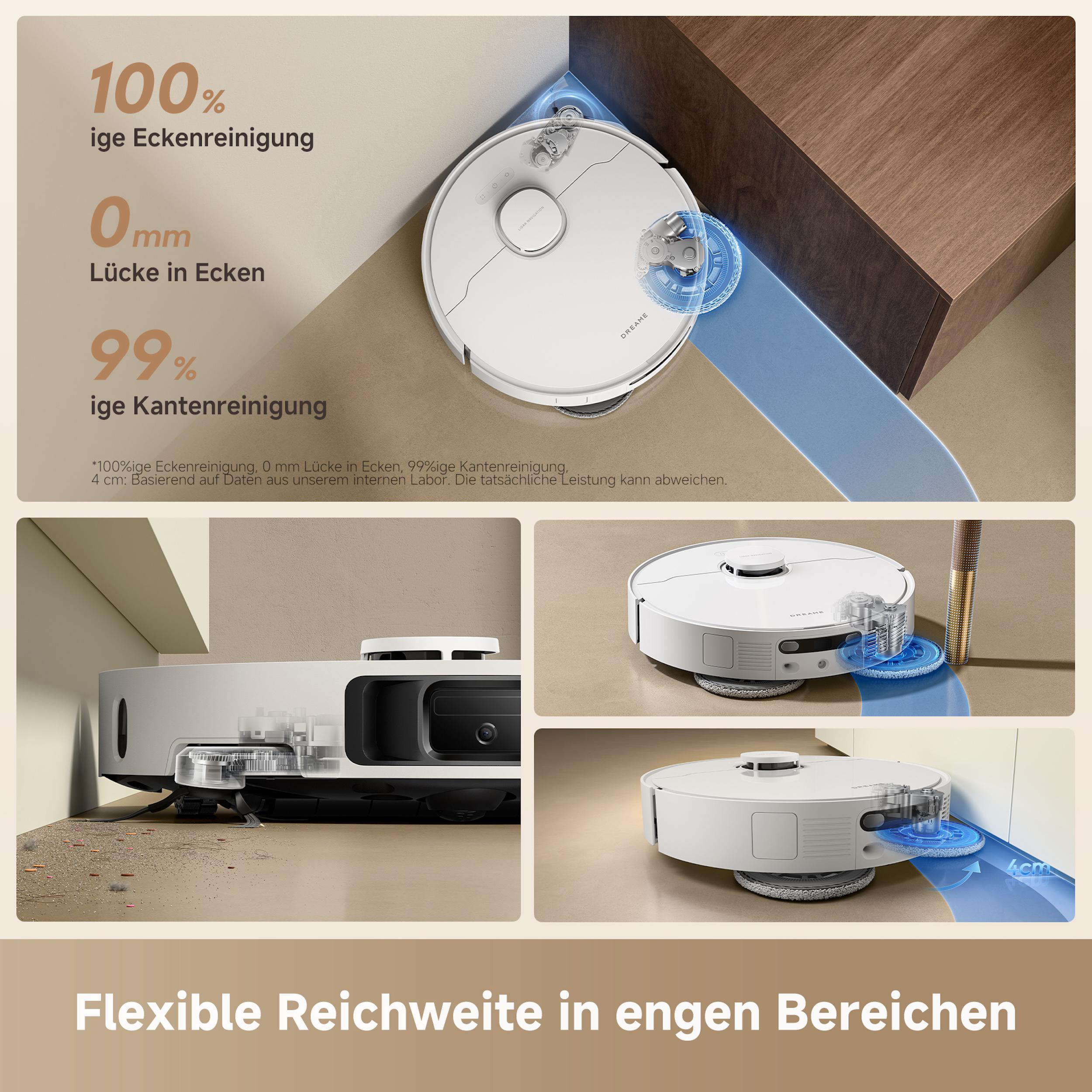 Ein weißer Roboter-Staubsauger in Aktion. Er hat Text mit den Worten: 100% Eckreinigung, 0 mm Lücke, 99% Kantenreinigung.