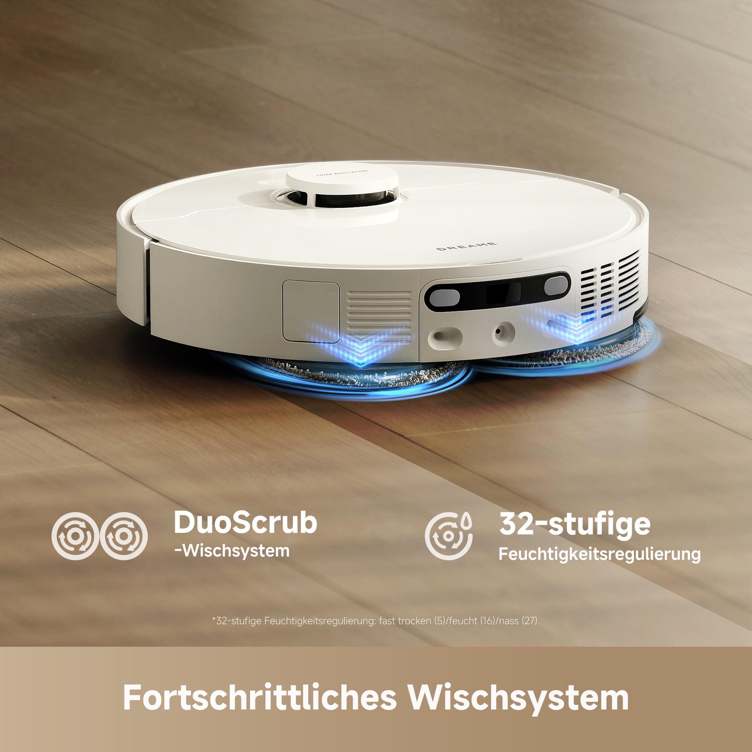 Ein weißer Roboter-Staubsauger auf einem Holzboden. Der Roboter hat ein Reinigungspad und blaue Lichter. Text: DuoScrub und 32-stufige Feuchtigkeitsregulierung.