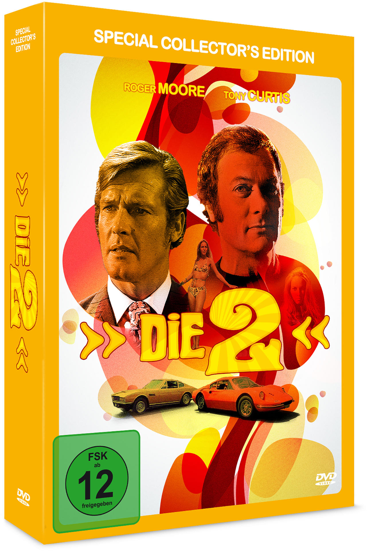 DVD-Cover. Roger Moore und Tony Curtis. Zwei Autos, eine Frau im Bikini und Text 'Die 2'.