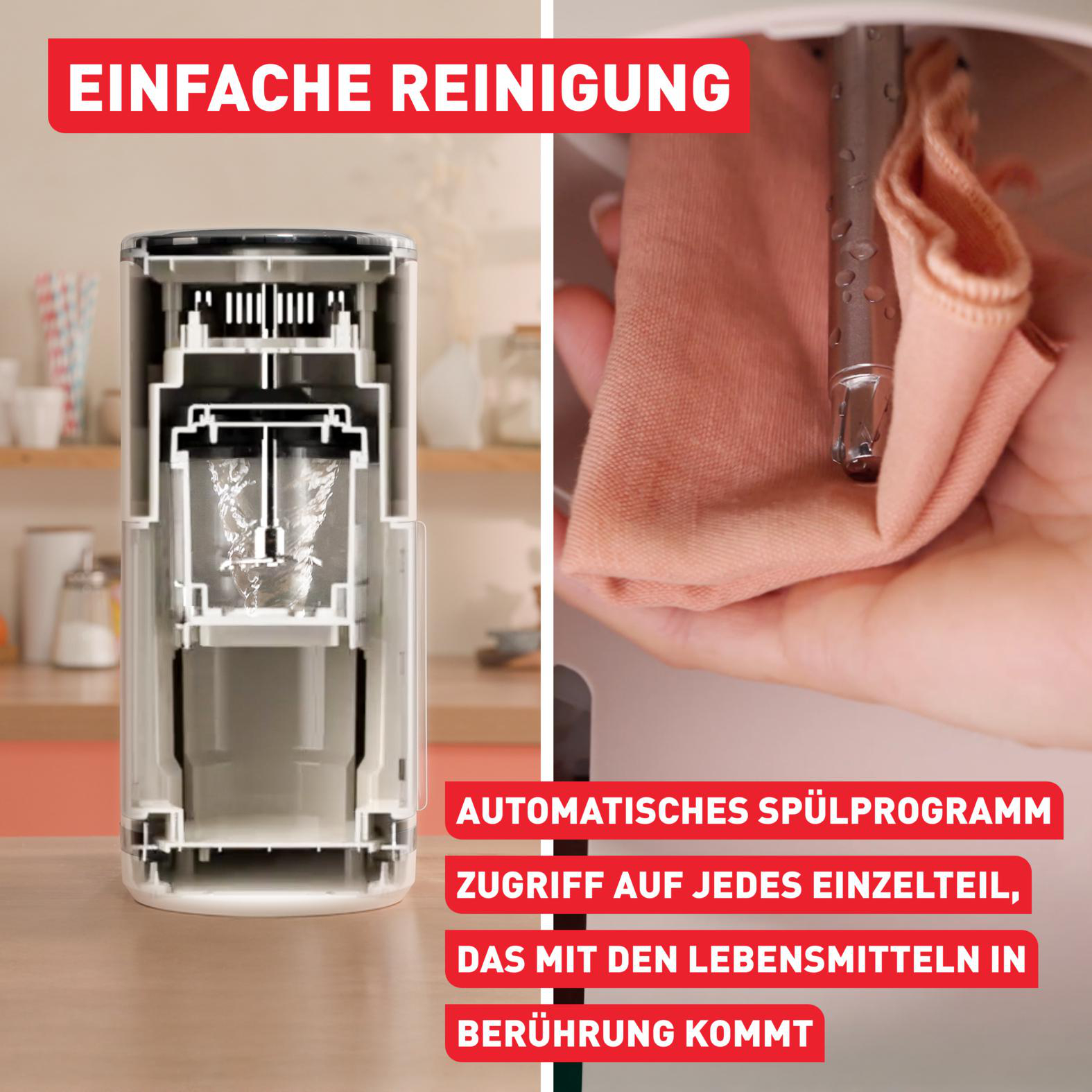 Querschnitt einer weißen Küchenmaschine mit einem Reinigungstuch, das eine Metallkomponente abwischt. Text: 'Einfache Reinigung'.