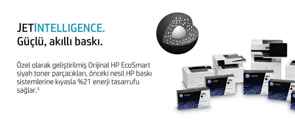 Görselde HP yazıcılar, toner kartuşları ve bir diyagram yer alıyor. Metin, EcoSmart toner ile akıllı baskıyı ve enerji tasarrufunu teşvik ediyor.