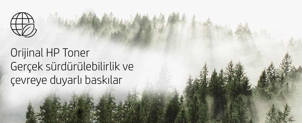 Siste içindeki yeşil ağaç ormanı. Metin: Orijinal HP Toner, sürdürülebilir ve çevre dostu baskı.