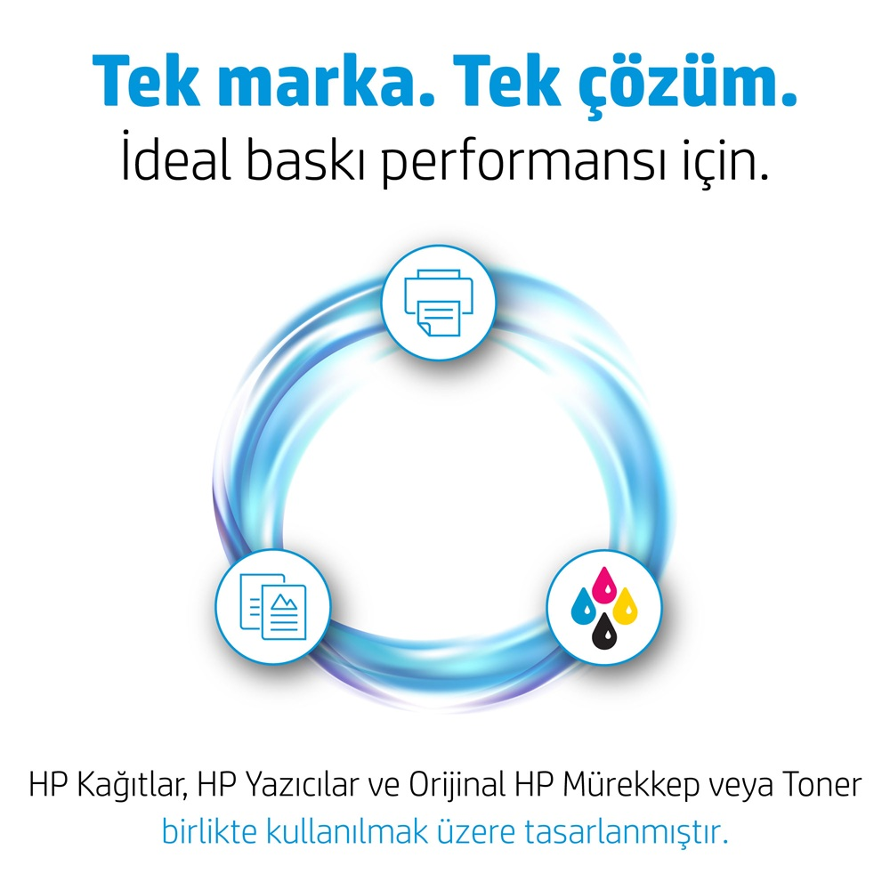'Tek marka. Tek çözüm.' ve 'Ideal baskı performansı için.' metnini içeren görsel. Yazıcı, kağıt ve mürekkep simgeleriyle dairesel tasarım.