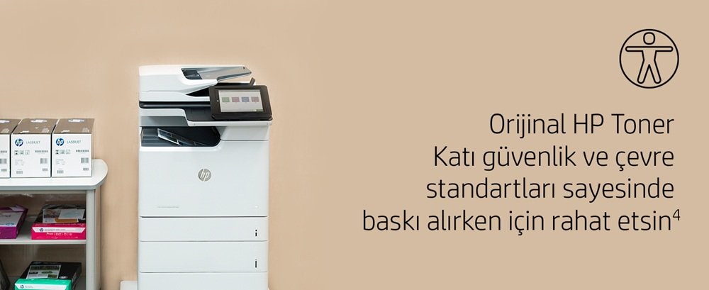 Sağda dokunmatik ekranlı beyaz bir HP yazıcı. Solda toner ve kağıt kutuları. Türkçe metin.