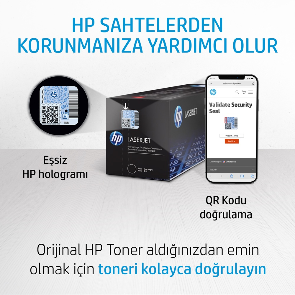 Görselde HP toner kutusu, hologram ve güvenlik mührü gösteren bir telefon var. Metinde, toner do ğruluğunu kontrol etmeniz gerektiği yazıyor.