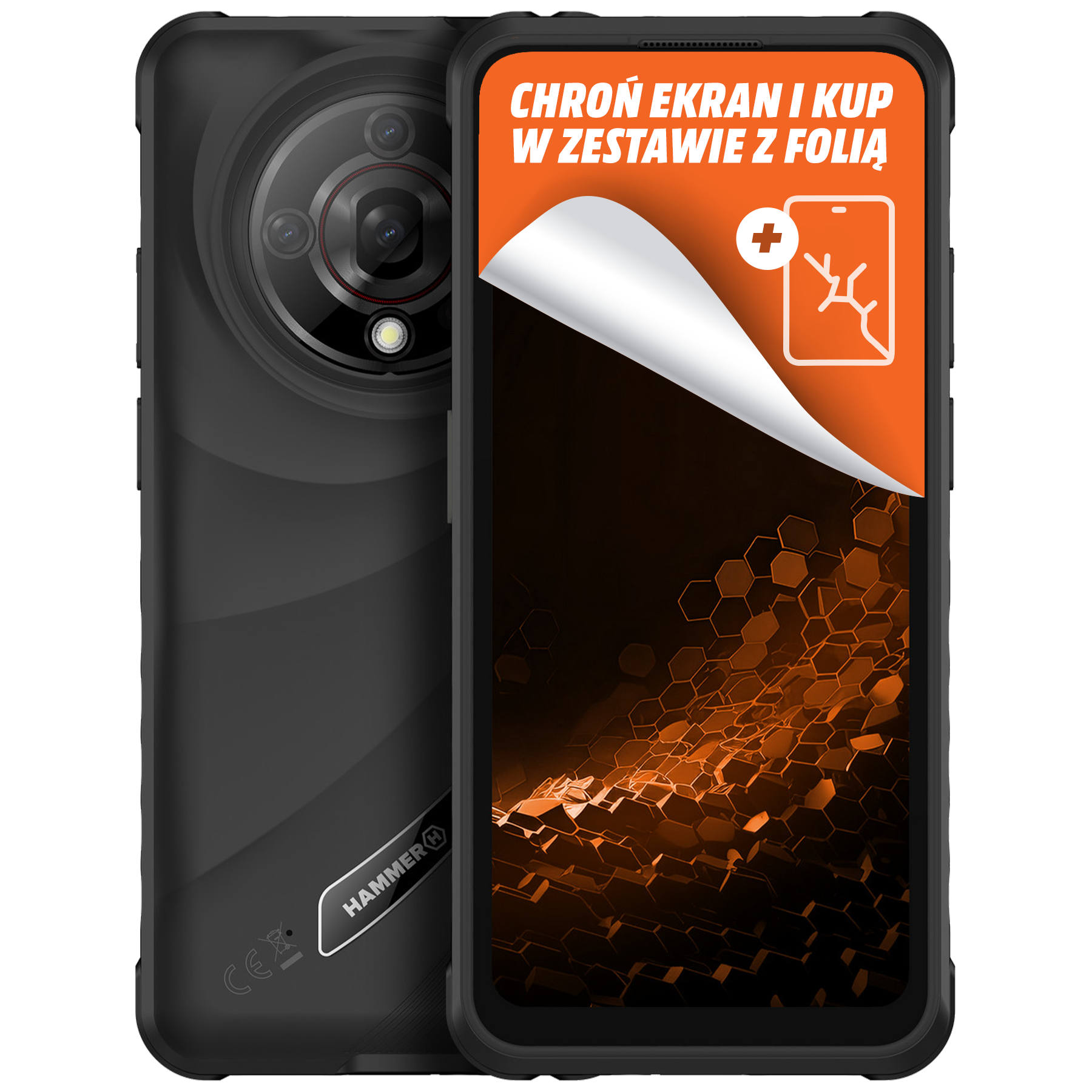 Czarny smartfon z pękniętą folią ochronną na ekran. Tekst: Chroń ekran i kup w zestawie z folią.