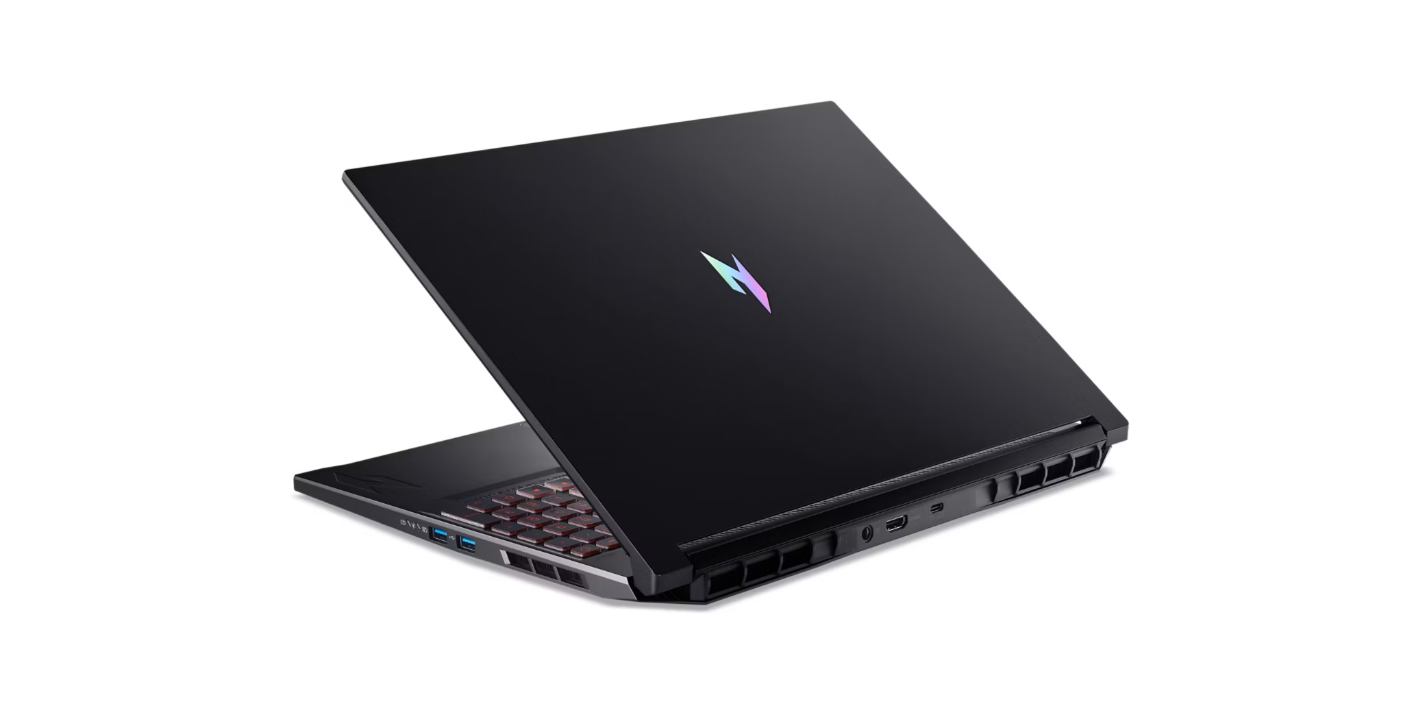 Schwarzer Laptop, teilweise geöffnet. Rote Tastaturbeleuchtung sichtbar. Rückseite mit farbigem Logo und Lüftungsschlitzen.