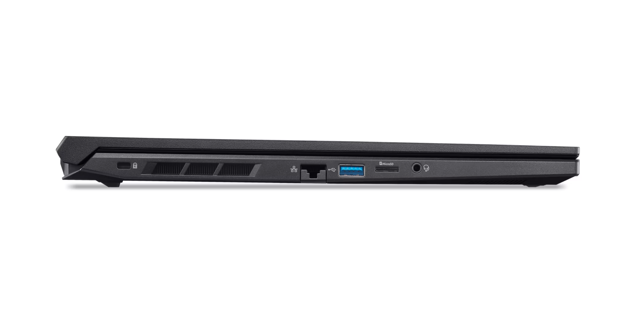 Seitenansicht eines schwarzen Laptops. Sichtbar sind Anschlüsse: USB, microSD, Audioanschluss. Auch Lüftungsschlitze und ein Sicherheitsschloss.