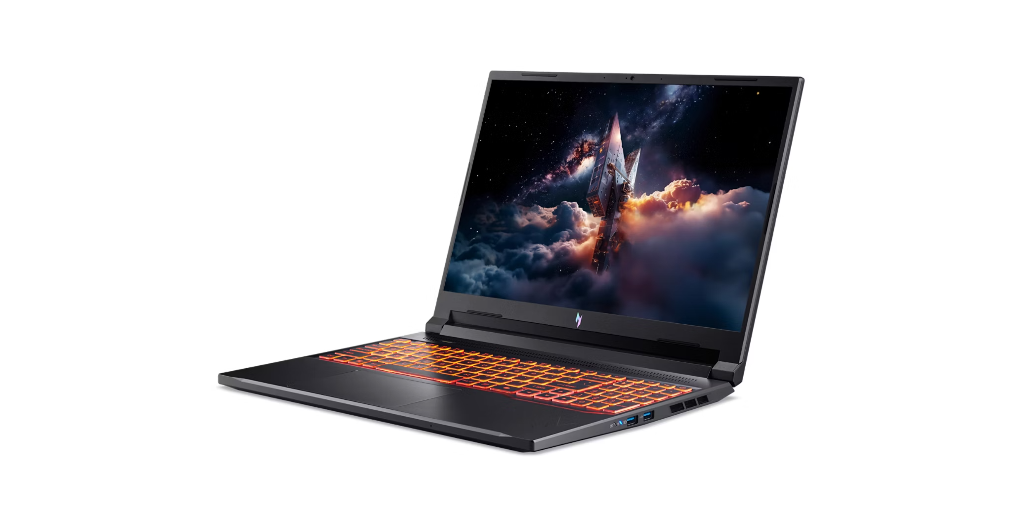 Ein schwarzer Laptop mit beleuchteter Tastatur. Der Bildschirm zeigt ein Raumschiff in Wolken vor Sternenhimmel.