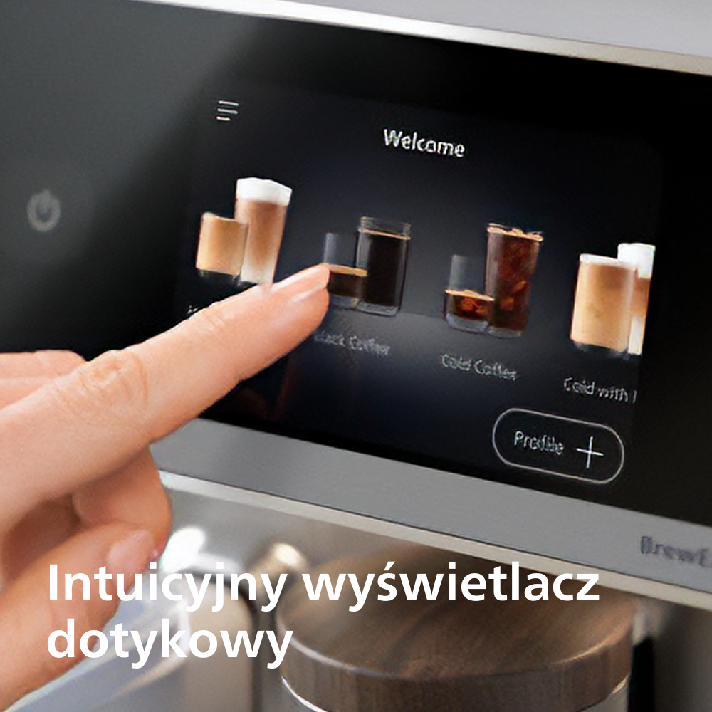 Dłoń dotyka ekranu ekspresu do kawy. Ekran wyświetla opcje kawy. Tekst brzmi 'Witamy' i 'Profil'.