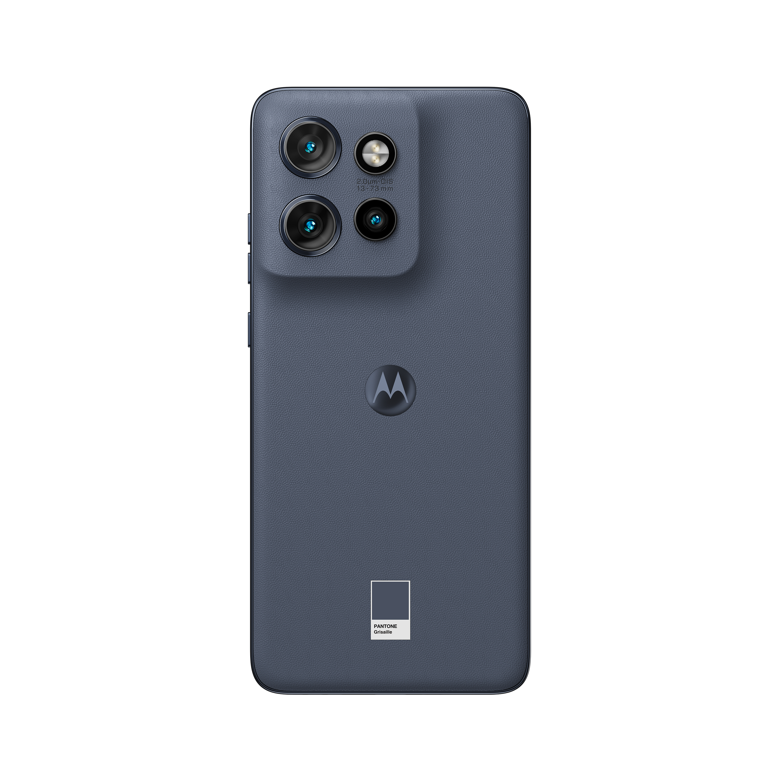 Die Rückseite eines blauen Motorola-Telefons mit mehreren Kameras. Es hat ein Motorola-Logo und ein Pantone-Farbetikett.