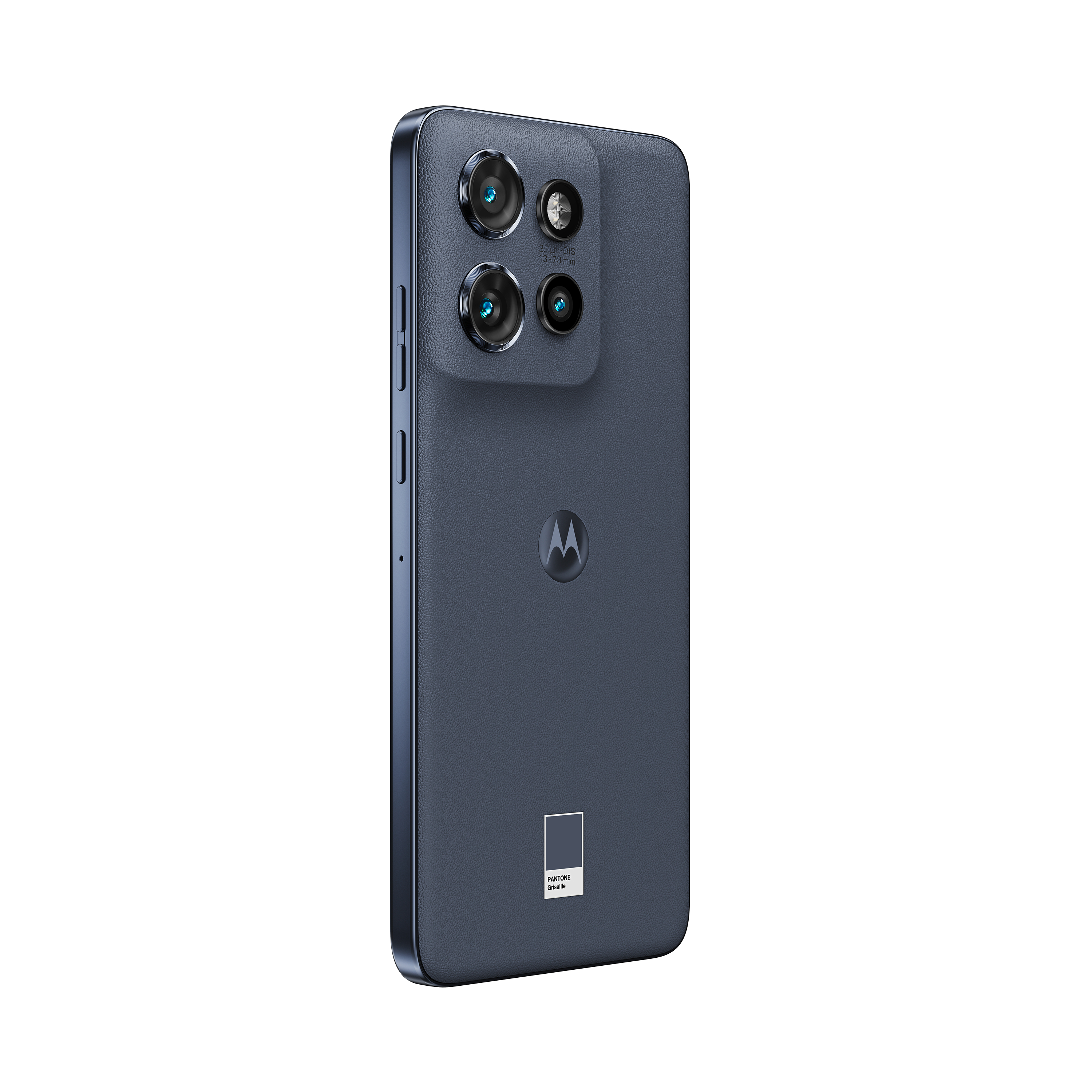 Rückansicht eines Smartphones in Blau, mit mehreren Kameralinsen, Motorola-Logo und Pantone-Farbetikett.
