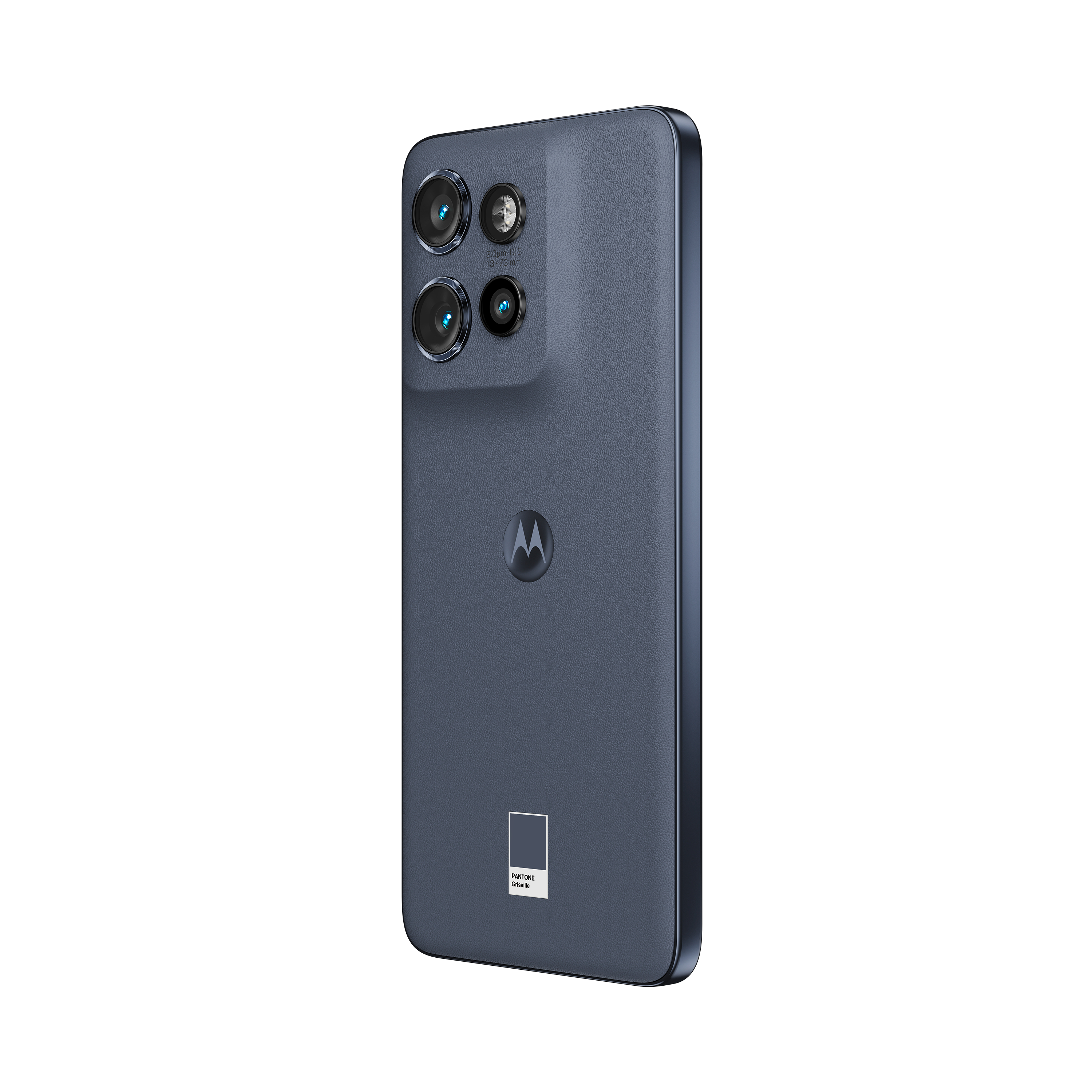 Dunkelblaues Smartphone mit drei Kameras, Motorola-Logo und Pantone-Farbetikett.